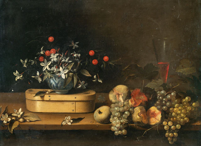 Still Life with Flowers, a Wooden Box, Grapes and a Chalice François Habert
