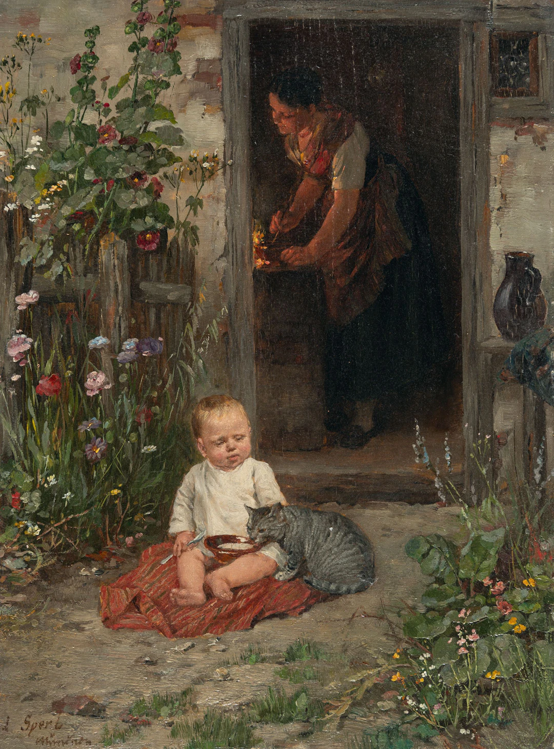 Child with a cat in the garden Johann Sperl