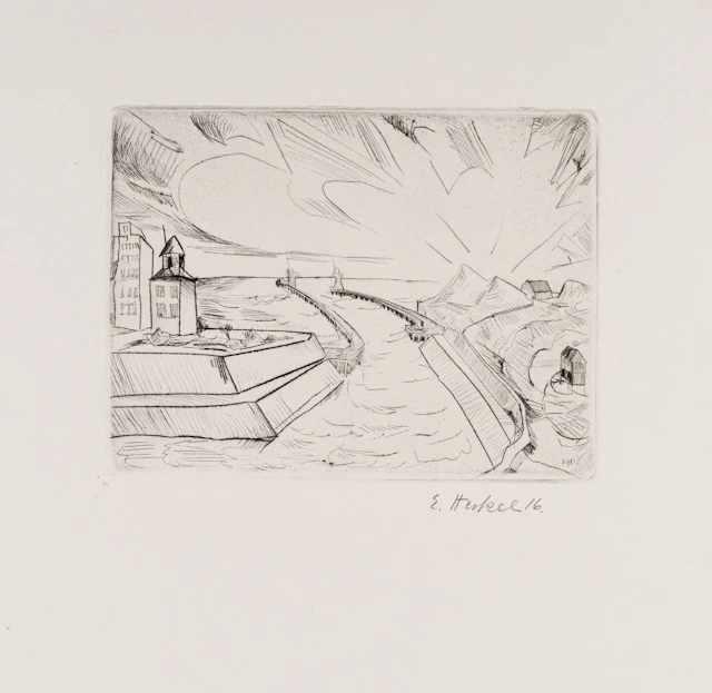 3 sheets: Man fishing – ‘Street in Ostend’ – harbour entrance in Ostend
