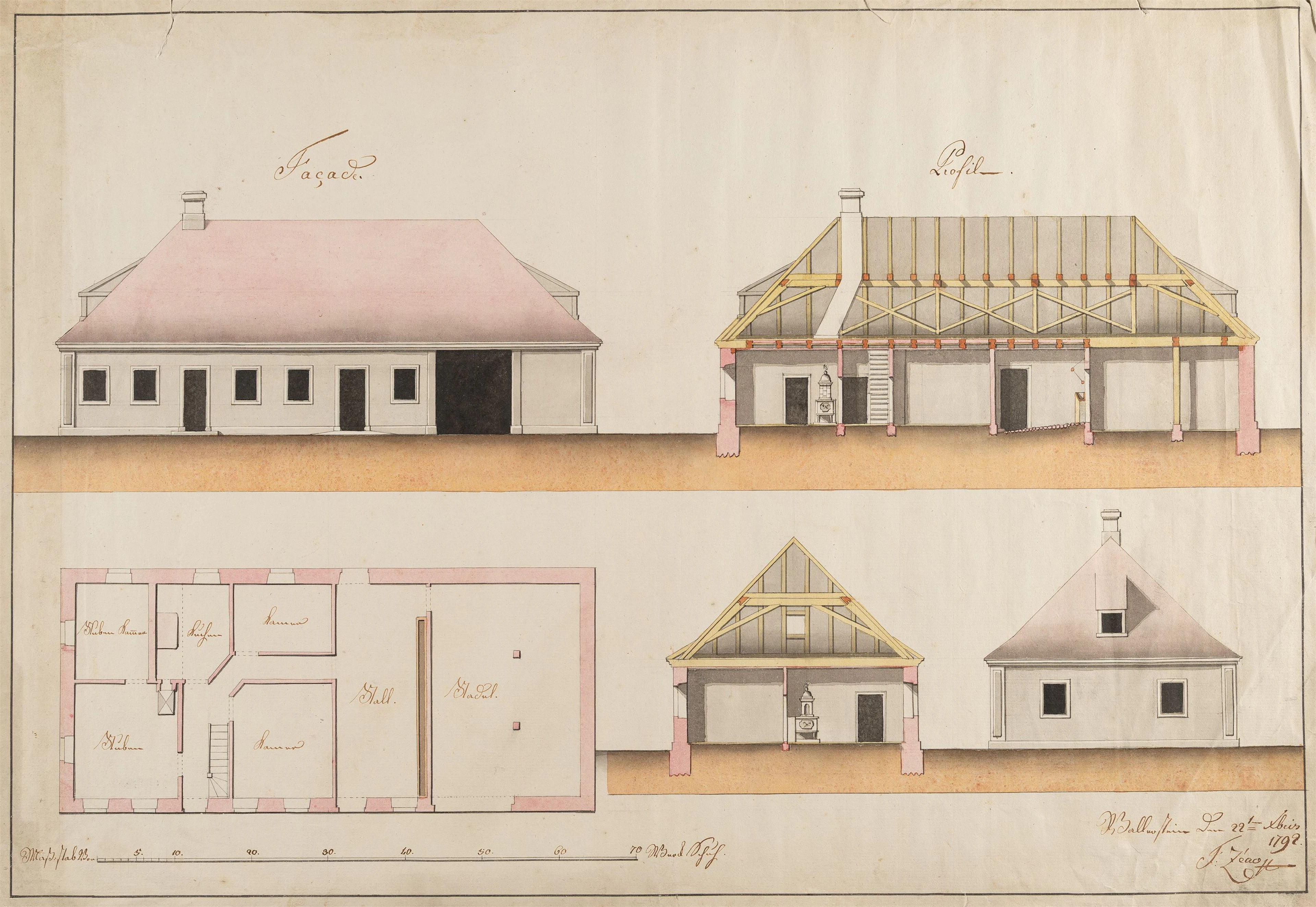 2 sheets: Farmhouses (elevation, plan, cross-section and longitudinal