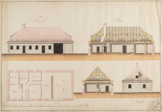 2 sheets: Farmhouses (elevation, plan, cross-section and longitudinal