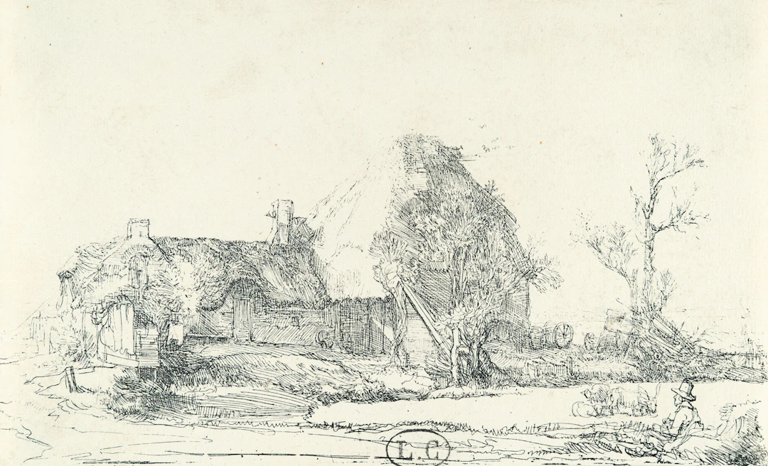 Cottages and Farm Buildings with a Man Sketching Rembrandt Harmensz. van Rijn