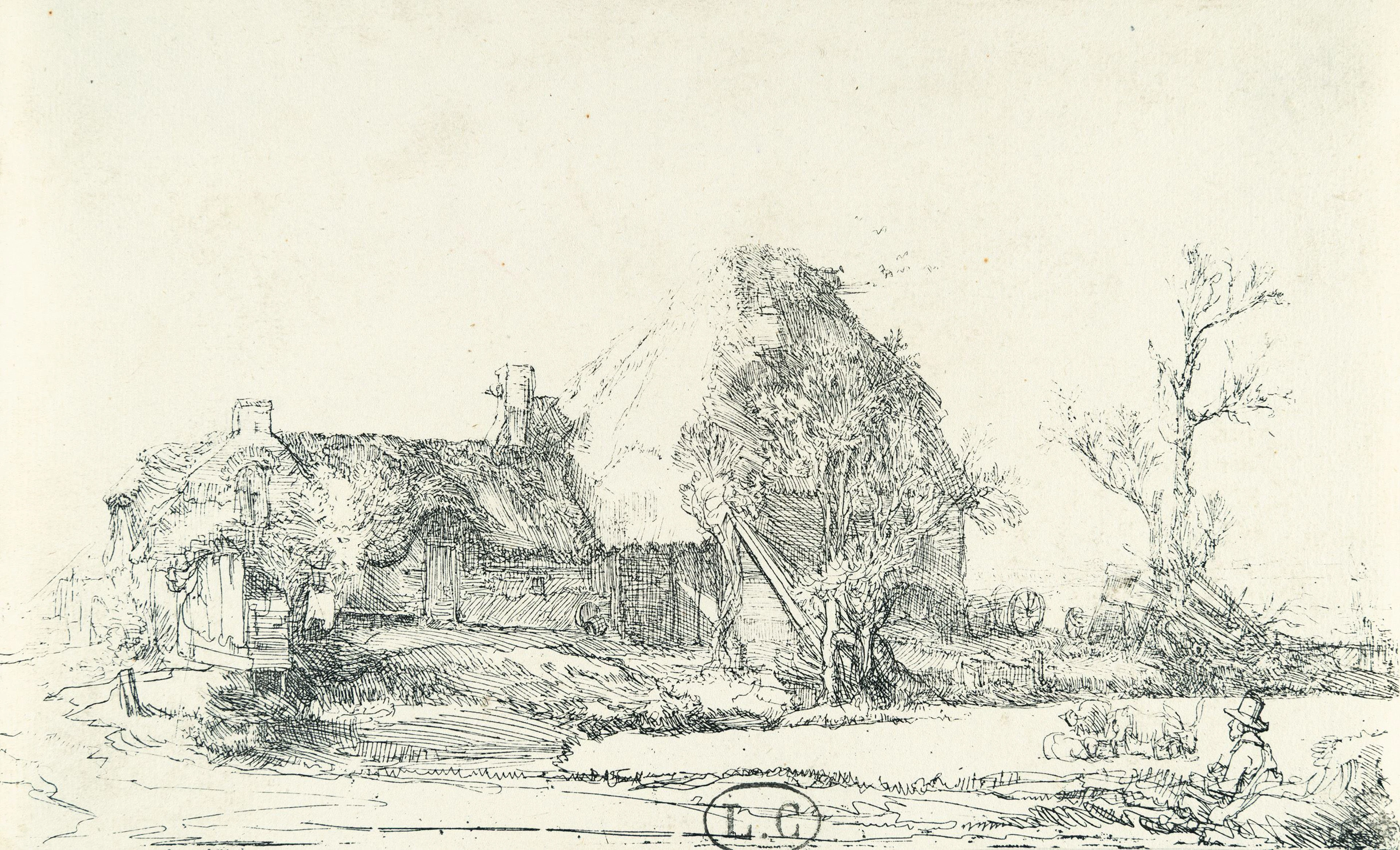 Cottages and Farm Buildings with a Man Sketching Rembrandt Harmensz. van Rijn