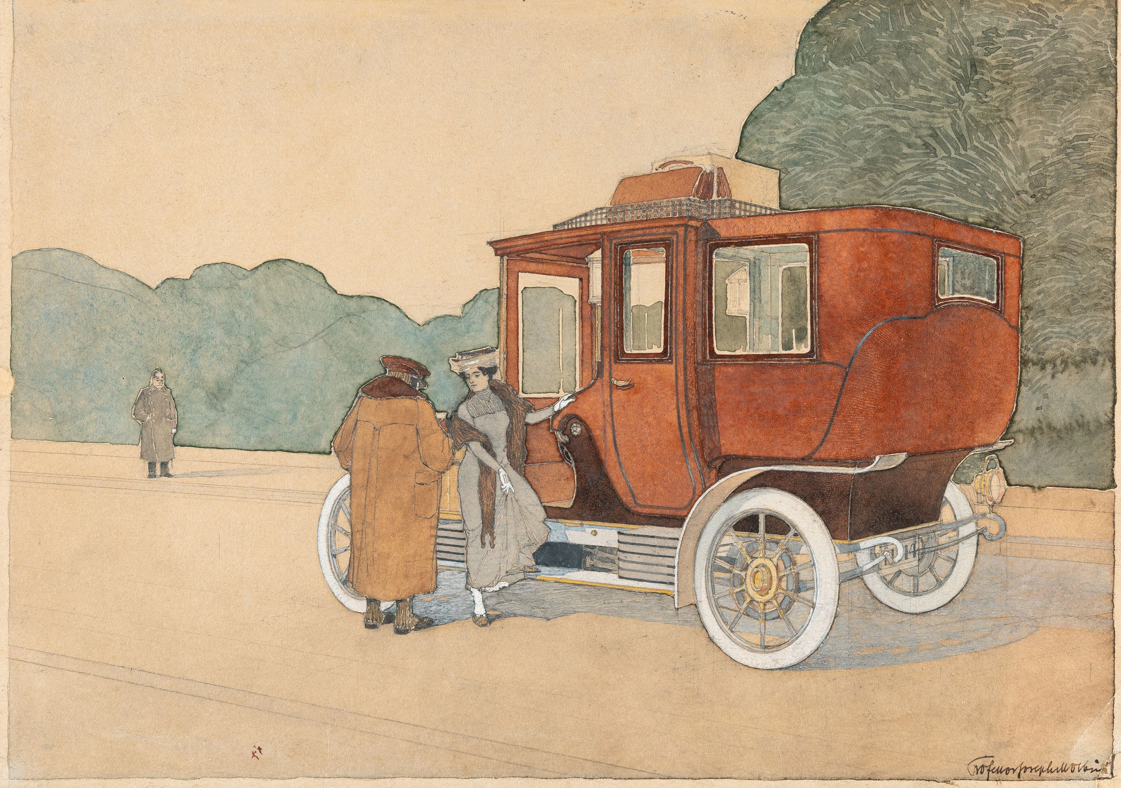 Elegant lady getting into an Opel car Joseph Maria Olbrich