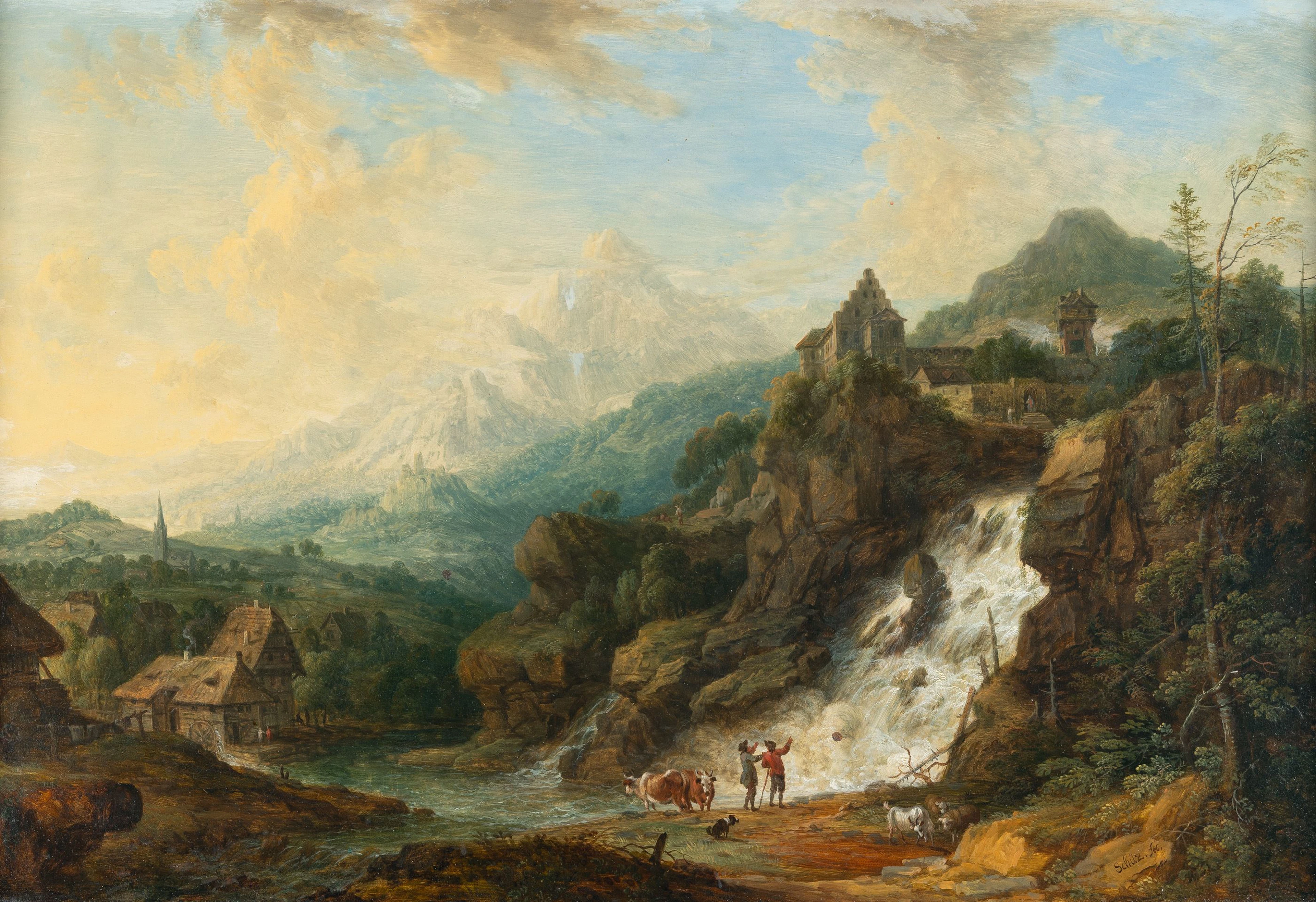 Idealised landscape with a waterfall Christian Georg Schütz d. Ä.