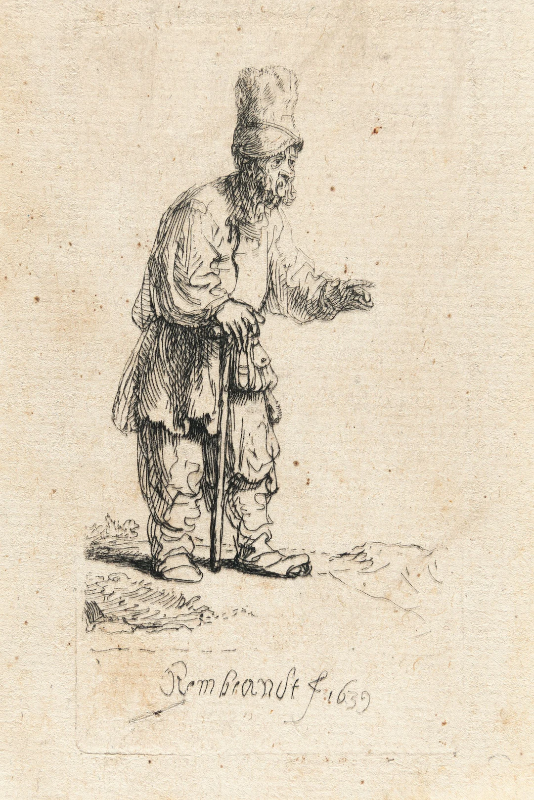 A Peasant in a High Cap, Standing Leaning on a Stick Rembrandt Harmensz.