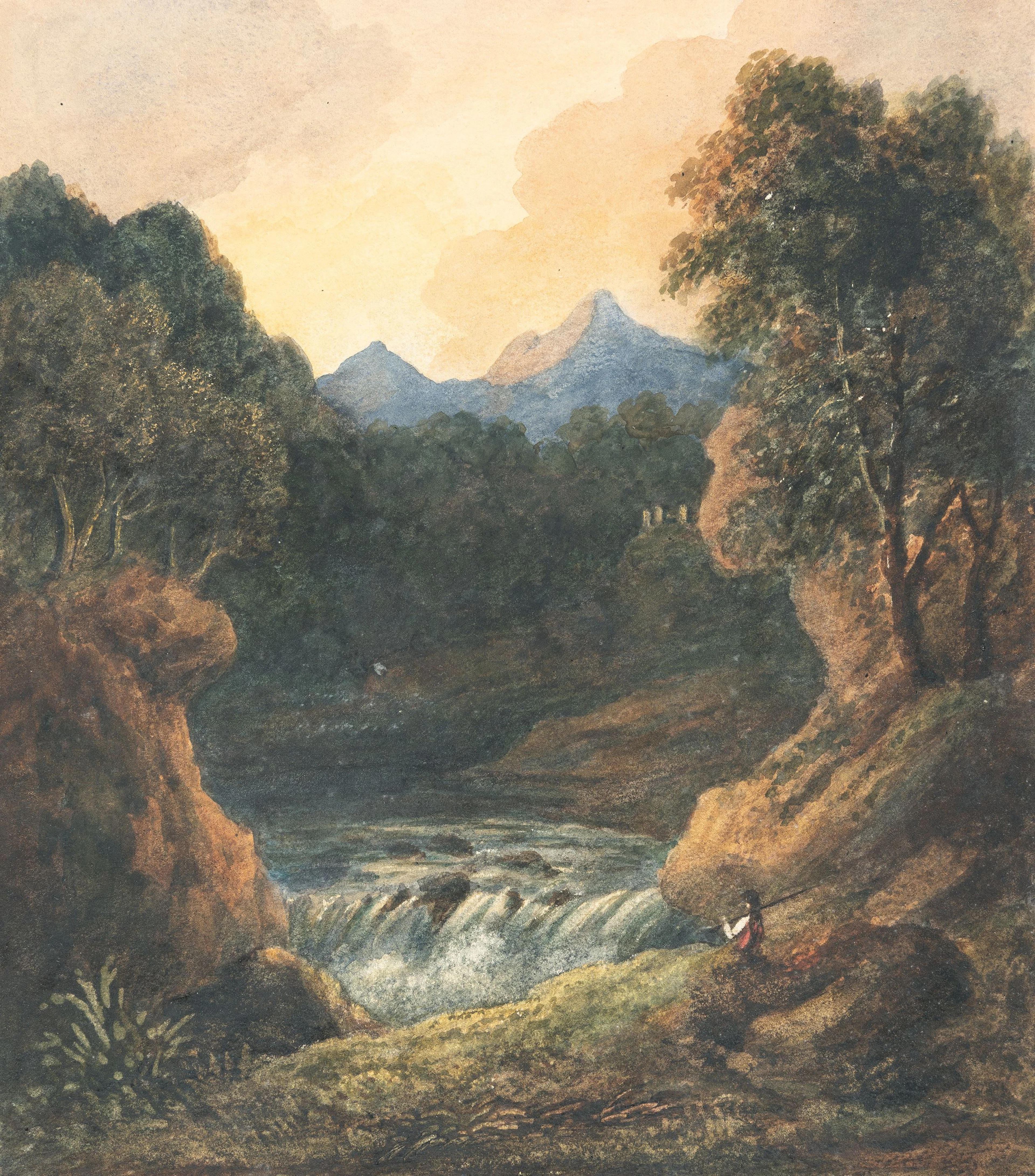 Mountain landscape with waterfall Englisch
