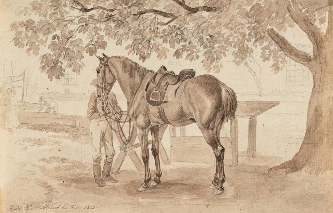 Soldier with saddled horse under a tree Johann Adam Klein