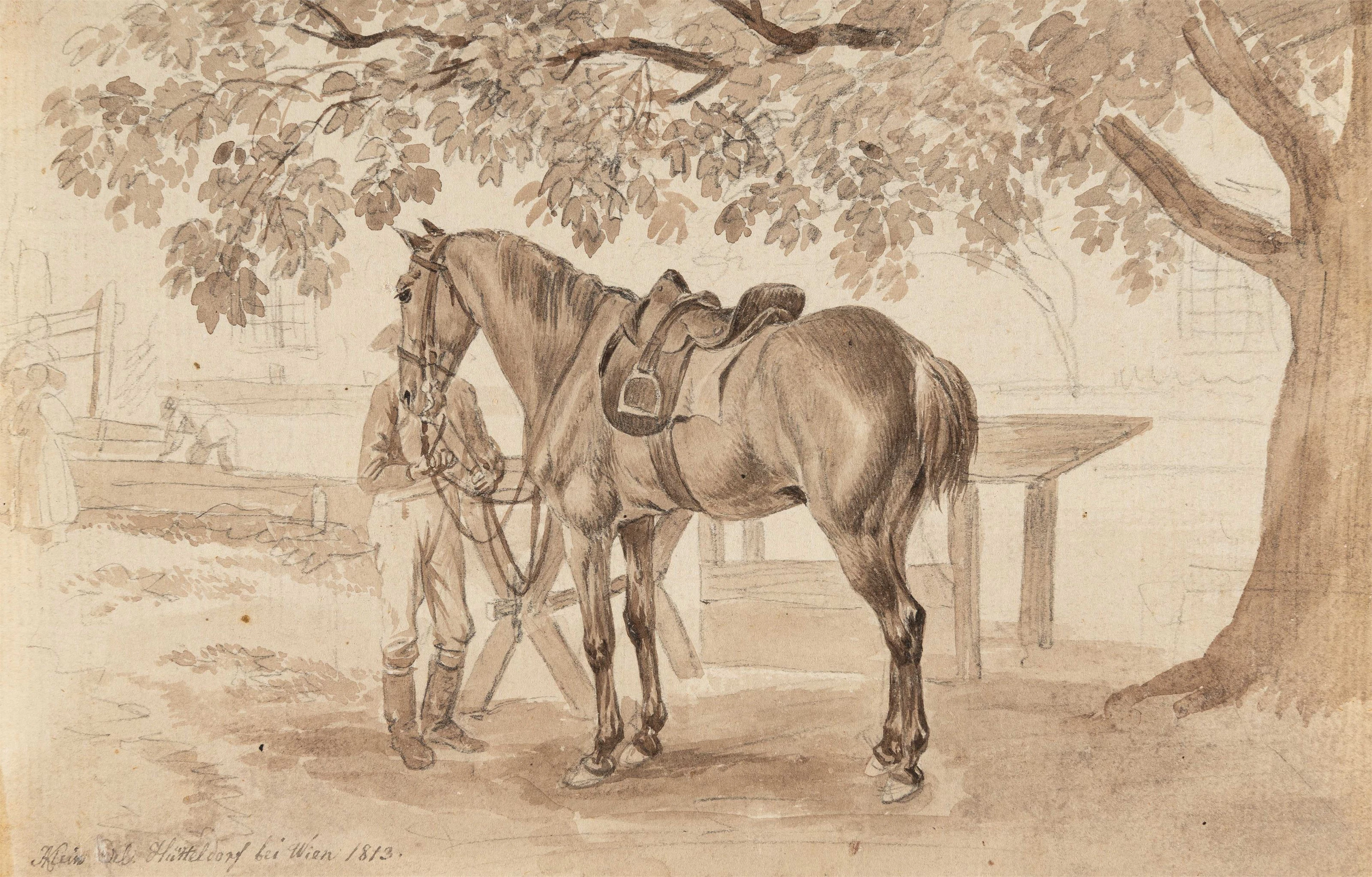 Soldier with saddled horse under a tree Johann Adam Klein