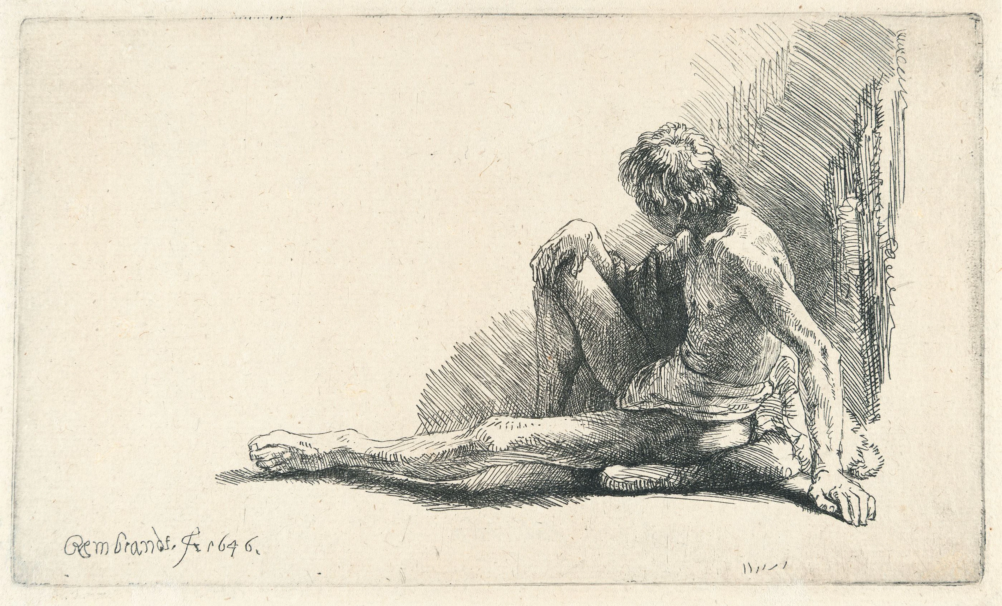 Nude Man Seated on the Ground with One Leg Extended Rembrandt Harmensz.