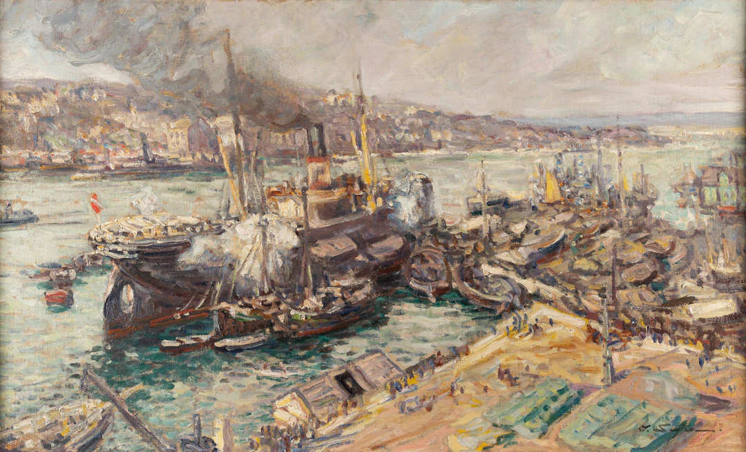 "Hafenbild" (Ansicht von Bergen in Norwegen) Julius Seyler