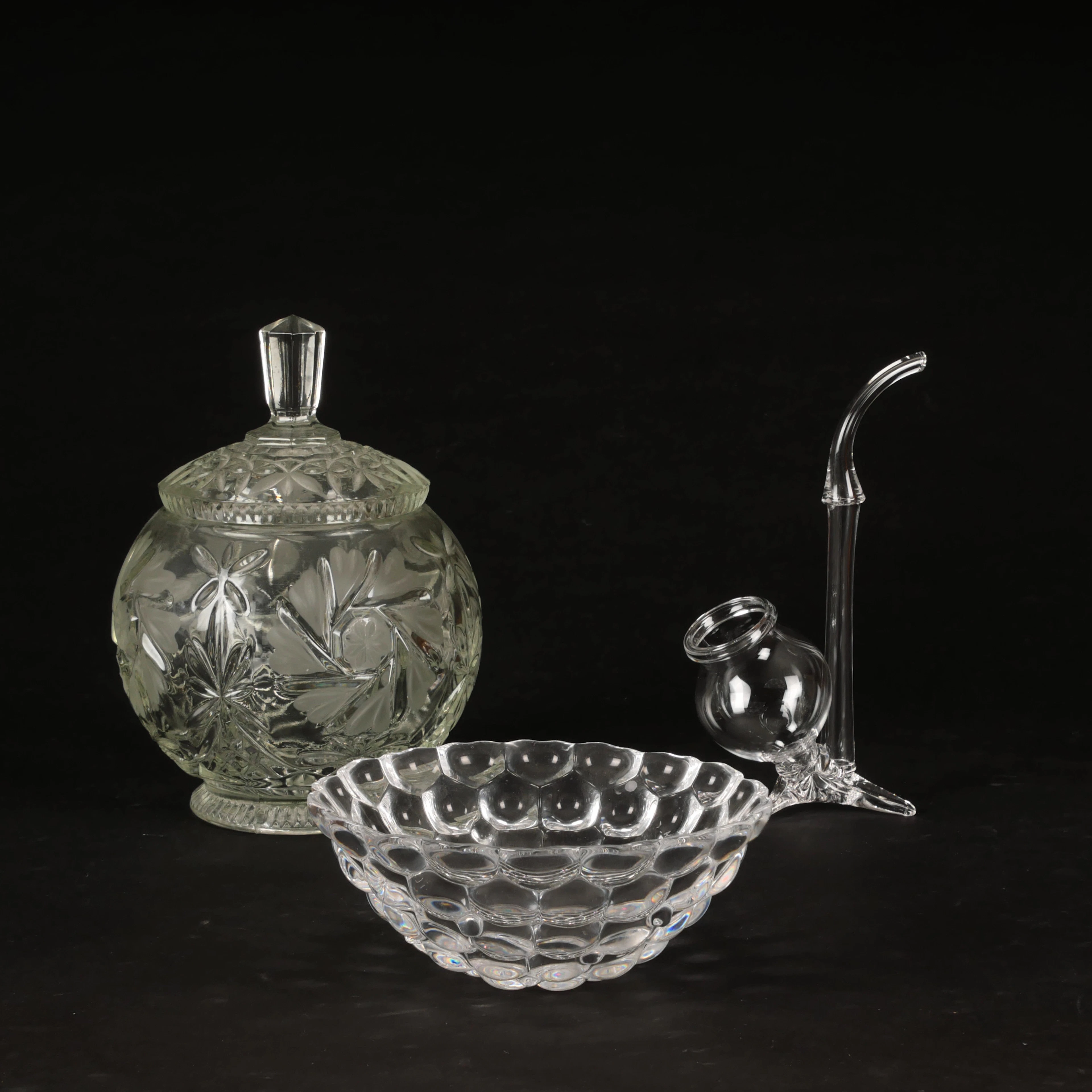 KONJAKSPIPA, BONBONJÄR, SKÅL. 3 st, glas, 1900-tal.