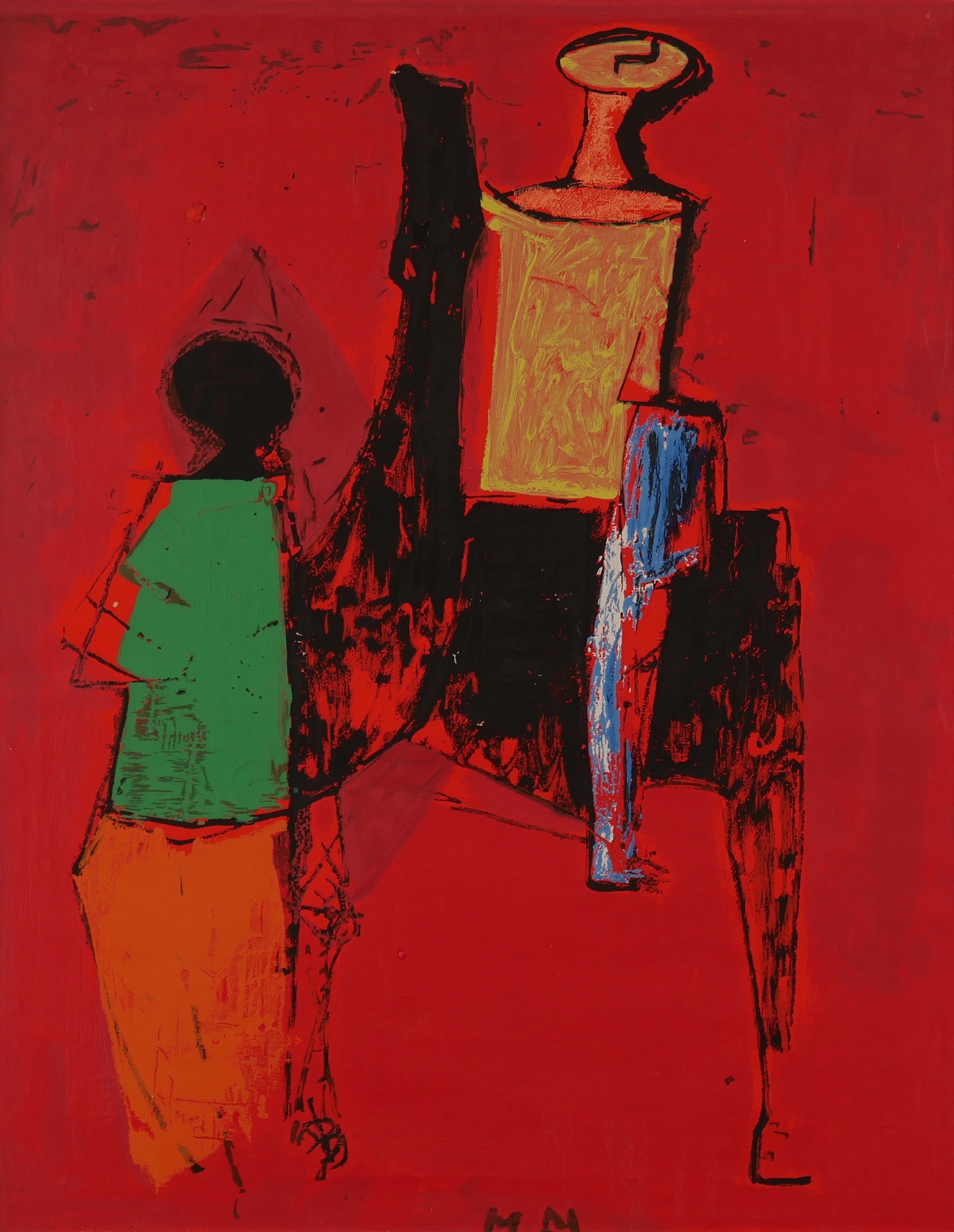 MARINO MARINI. "Rote Komposition mit Reiter", serigrafi på duk.