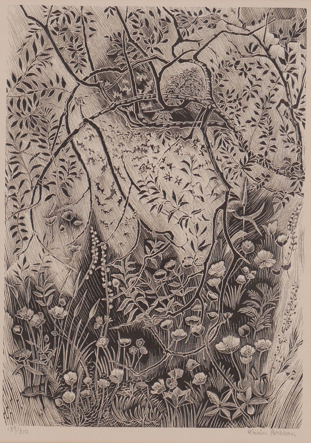 KARIN PERSSON. "Orörd mark", trägravyr, signerad.