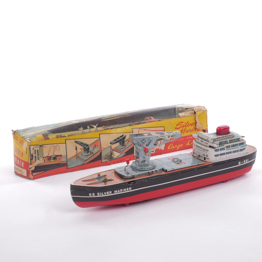 FARTYG, "S/S Silver Mariner", litograferad plåt, batteridrift, Bandai, Japan.