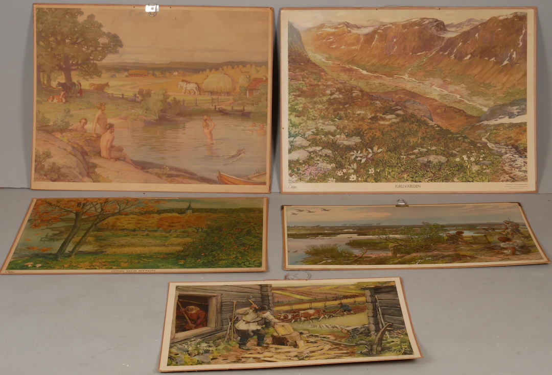 SKOLPLANSCHER, 5 st, bla "Sommaren", 1900-tal.
