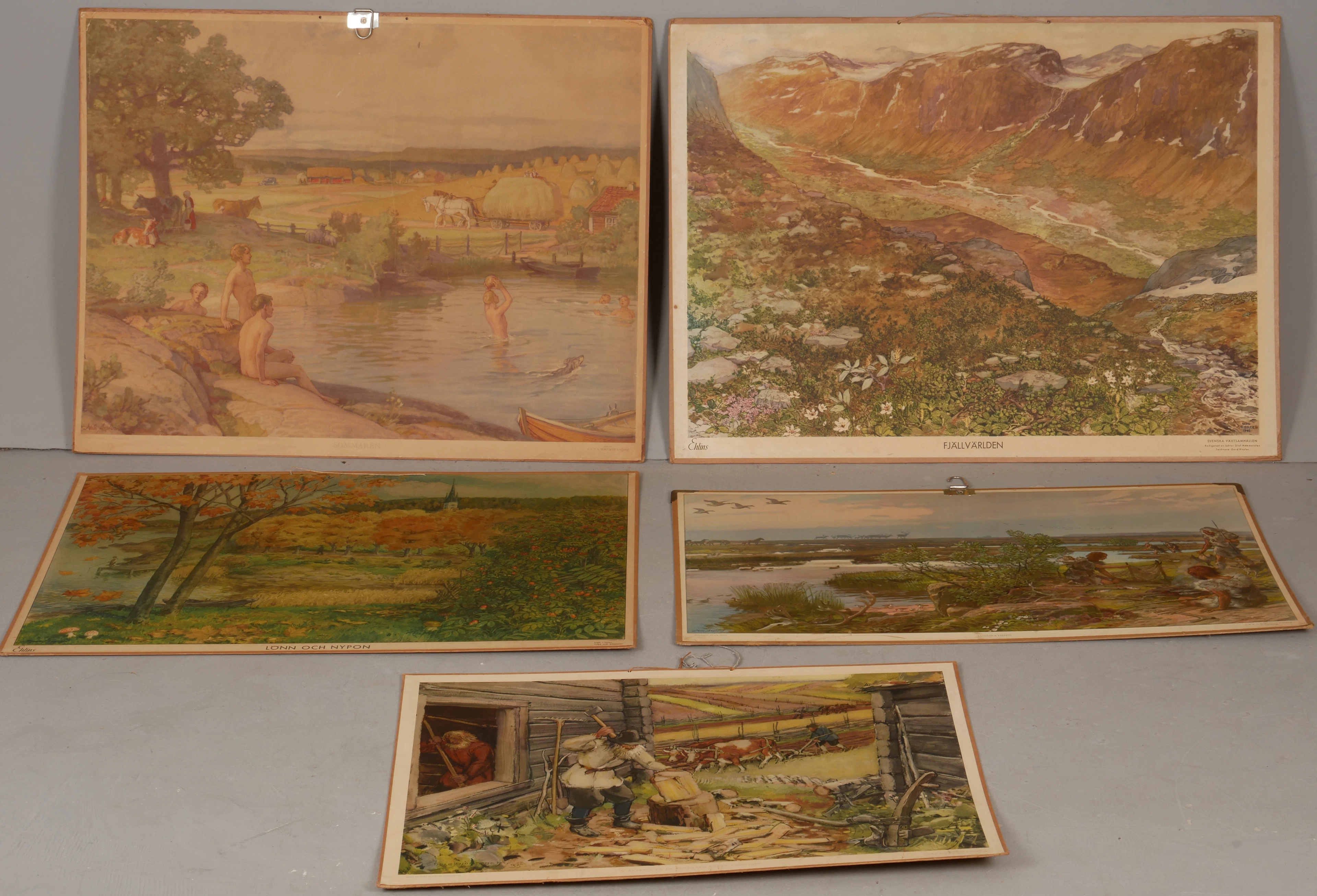 SKOLPLANSCHER, 5 st, bla "Sommaren", 1900-tal.