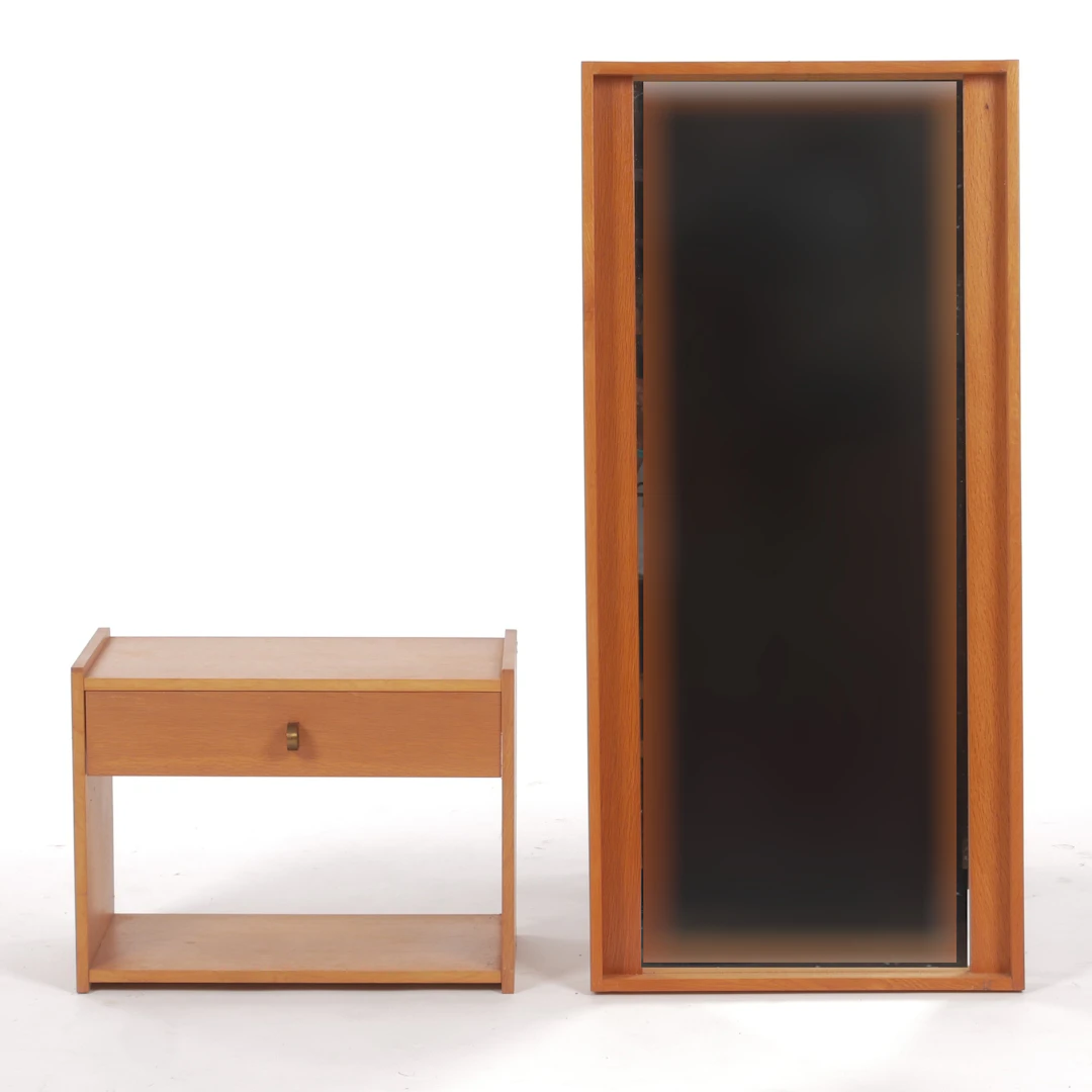 HALLMÖBEL, vägghängd hylla/sängbord och spegel, 1960-tal.