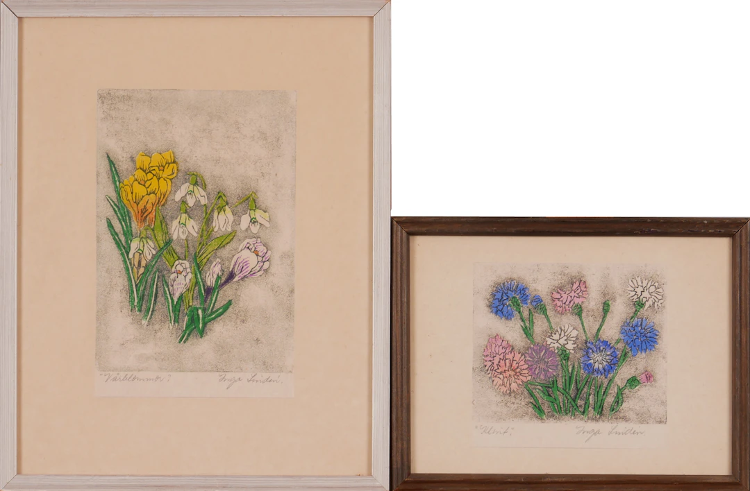 INGA LINDÉN. "Klint" och "Vårblommor", handtryck, signerade.