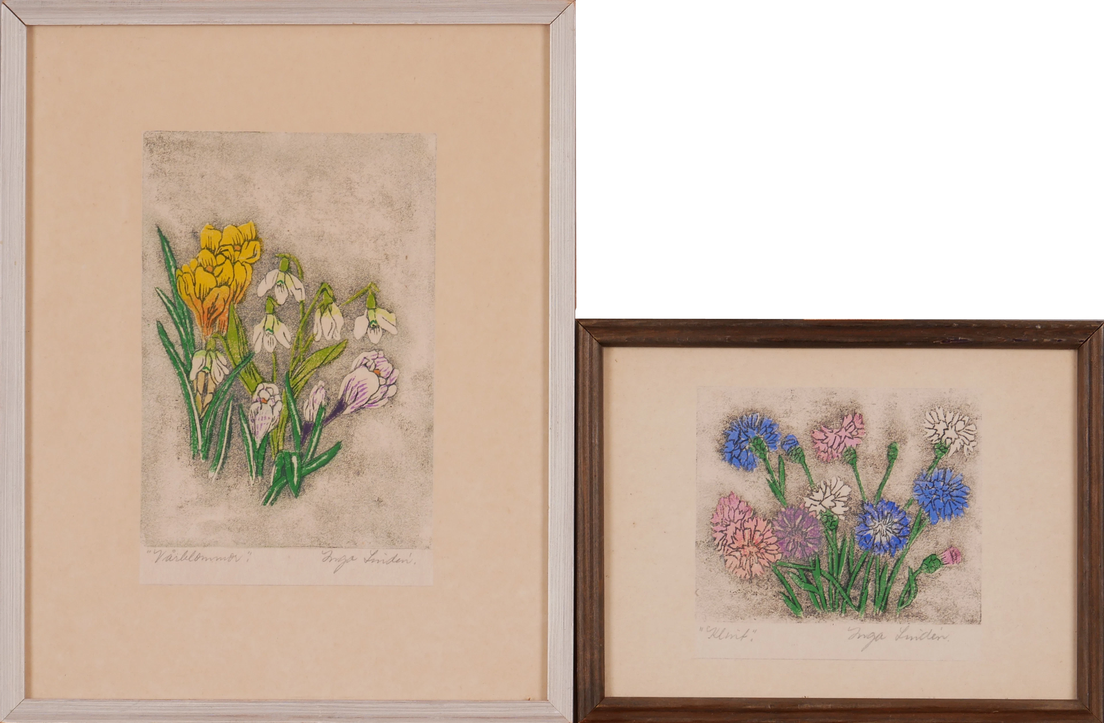 INGA LINDÉN. "Klint" och "Vårblommor", handtryck, signerade.