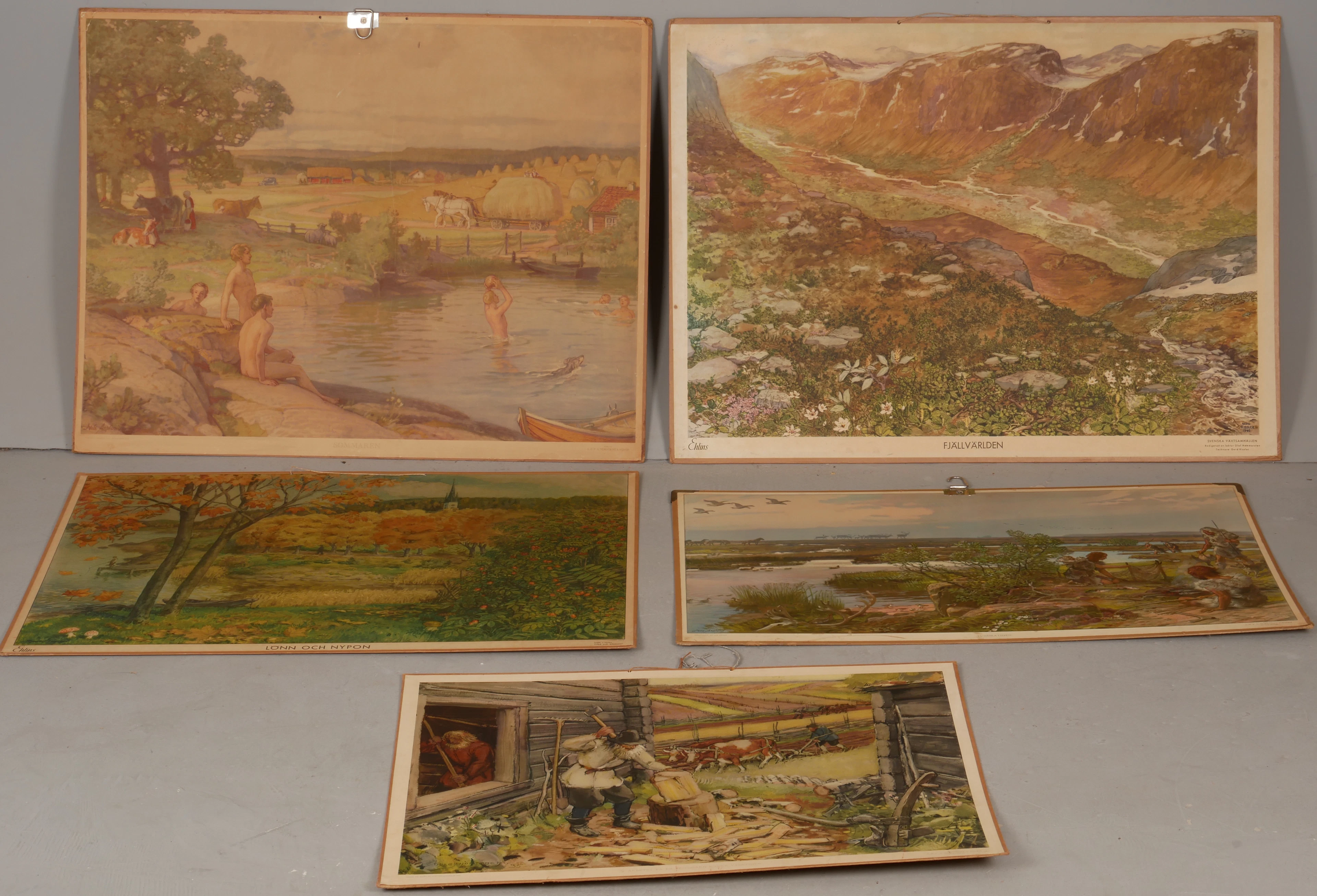 SKOLPLANSCHER, 5 st, bla "Sommaren", 1900-tal.
