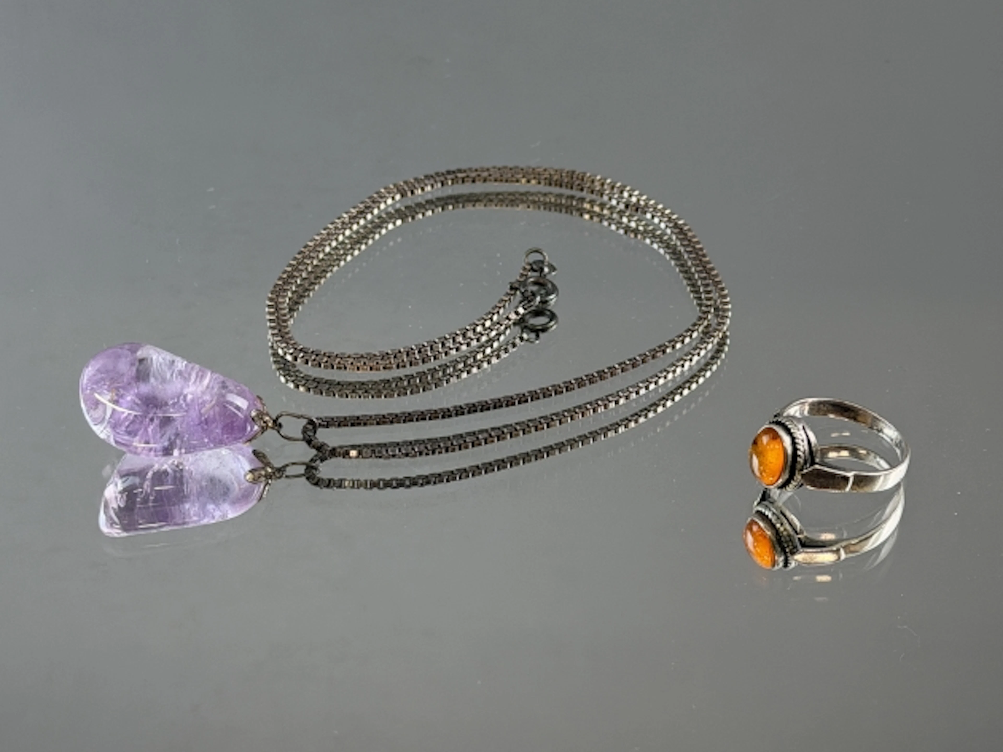 HALSBAND & RING, Silver/ametist/bärnsten, 8,9 gram.