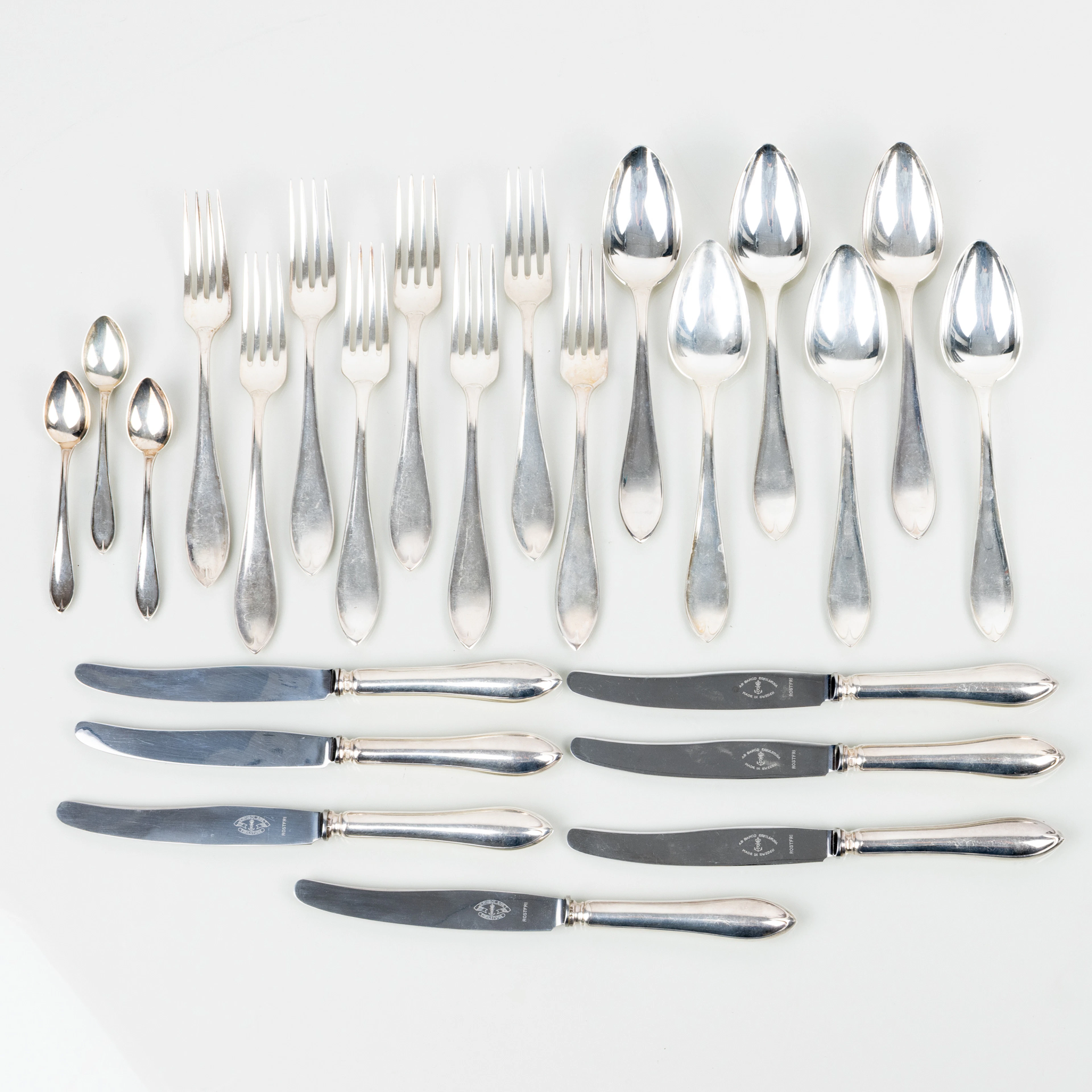 SET POSATE, 24 pezzi, argento, MGAB, metà 1900, peso totale circa 965 g
