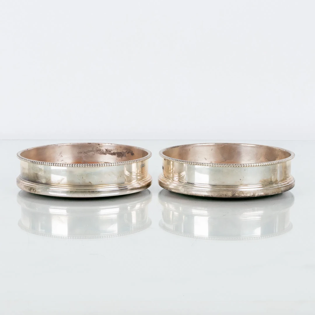 COASTERS, 1 par, plata y madera, Londres, Inglaterra, años 1900