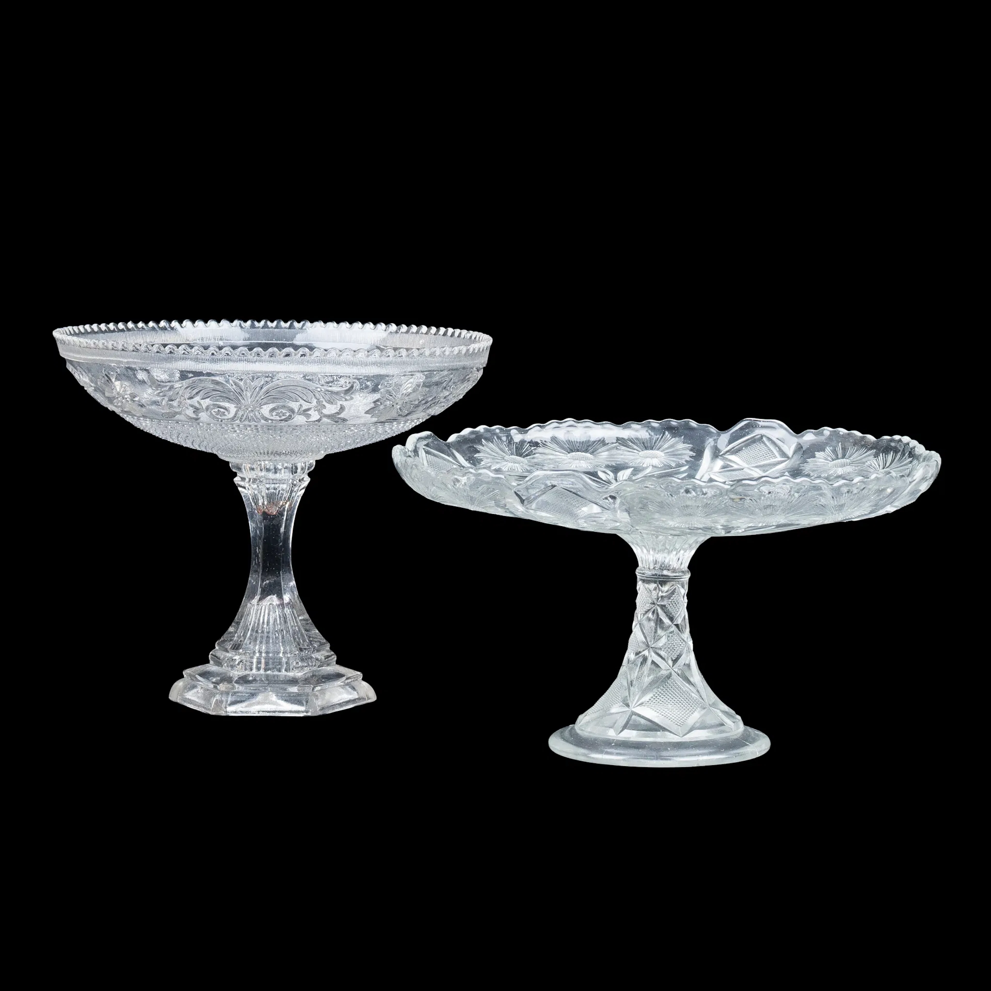 CAKE STAND AND BOWL ON FOOT, pressed glass, first half of the 20th century