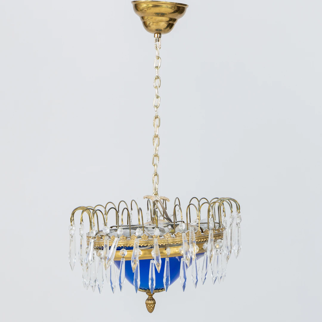 CEILING LAMP, brass and crystal, mid-1900s