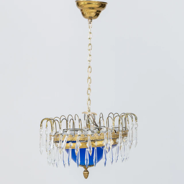 CEILING LAMP, brass and crystal, mid-1900s
