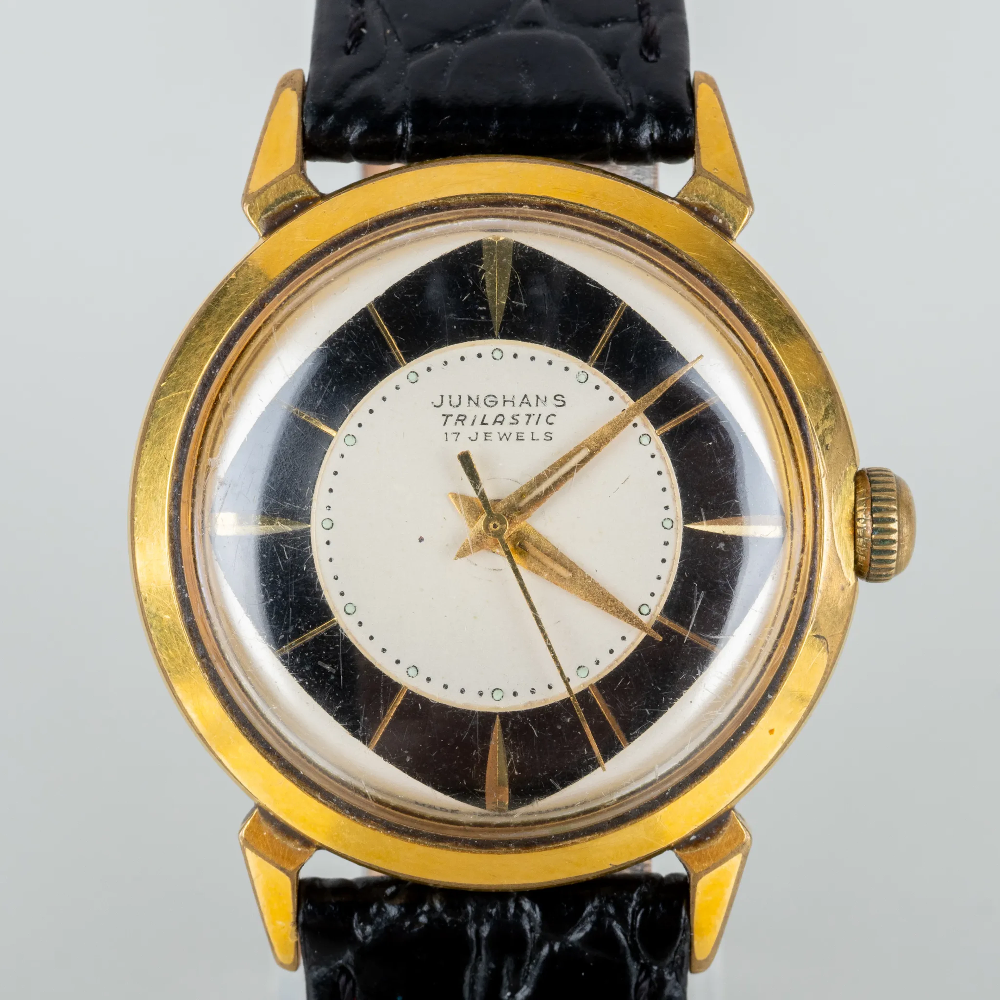 MONTRE DE POIGNET POUR HOMMES, Junghans, Trilastic, or sur acier, milieu des années 1900