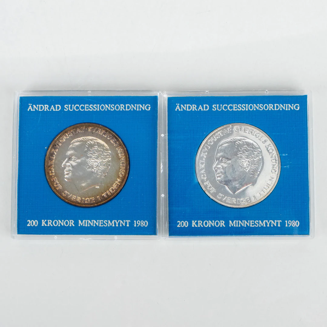PIÈCES, 2 pièces, argent, ordre de succession modifié pièce commémorative de 200 SEK 1980