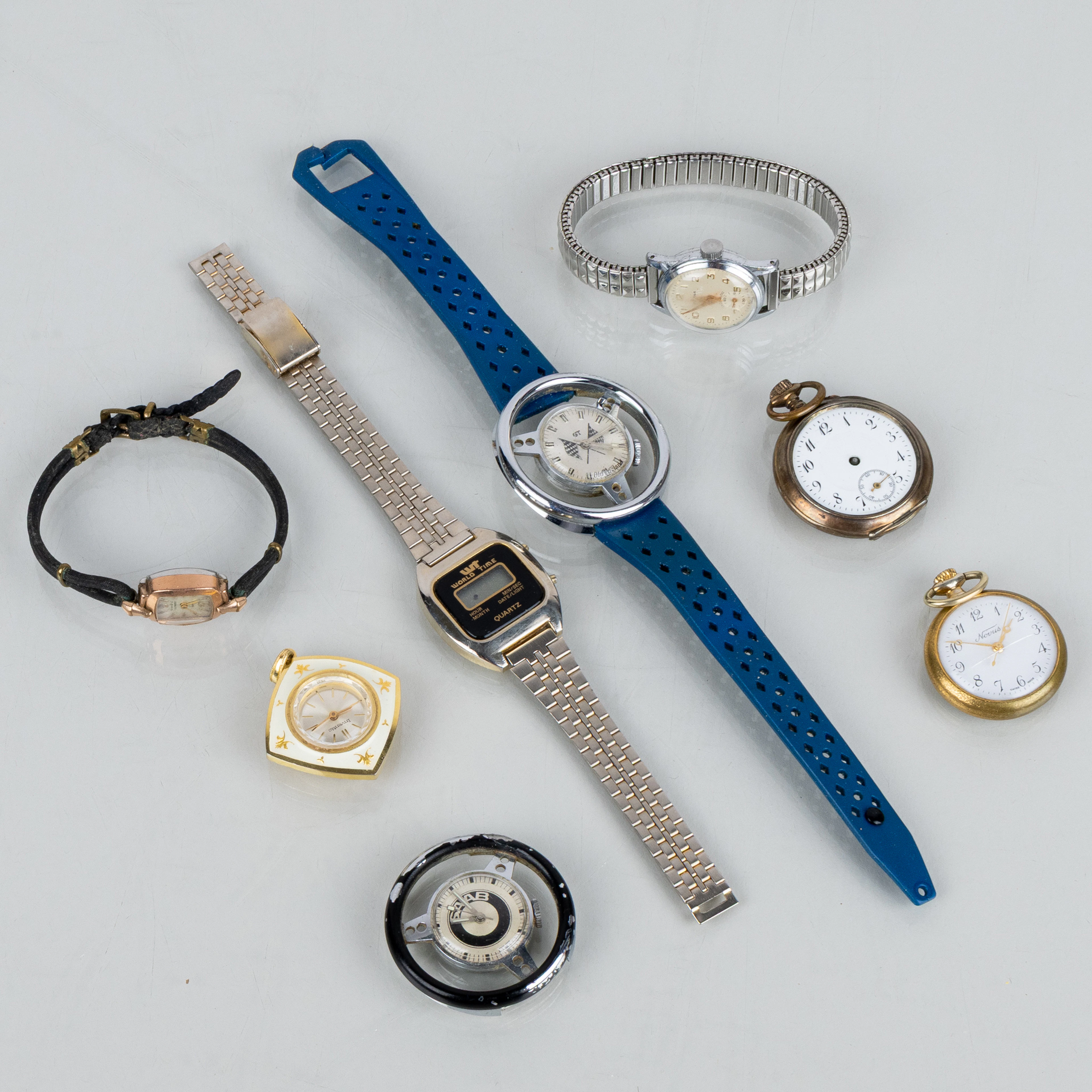 RELOJ DE BOLSILLO Y RELOJ DE PULSERA, 8 piezas, metal, incluyendo SAAB, Eiger e Inventio, años 1900