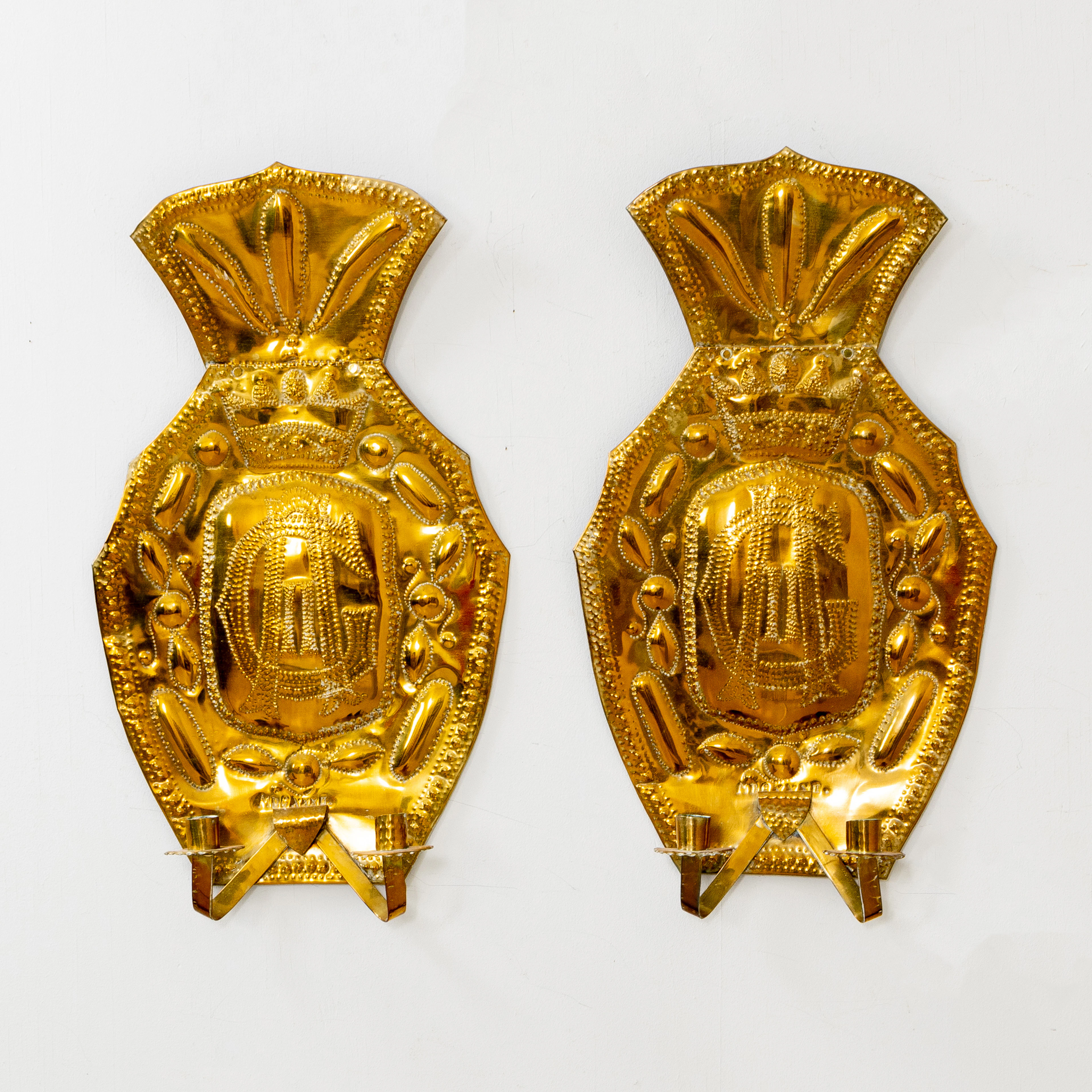 WANDLEUCHTER, 1 Paar, Messingplatte, 1800er Jahre
