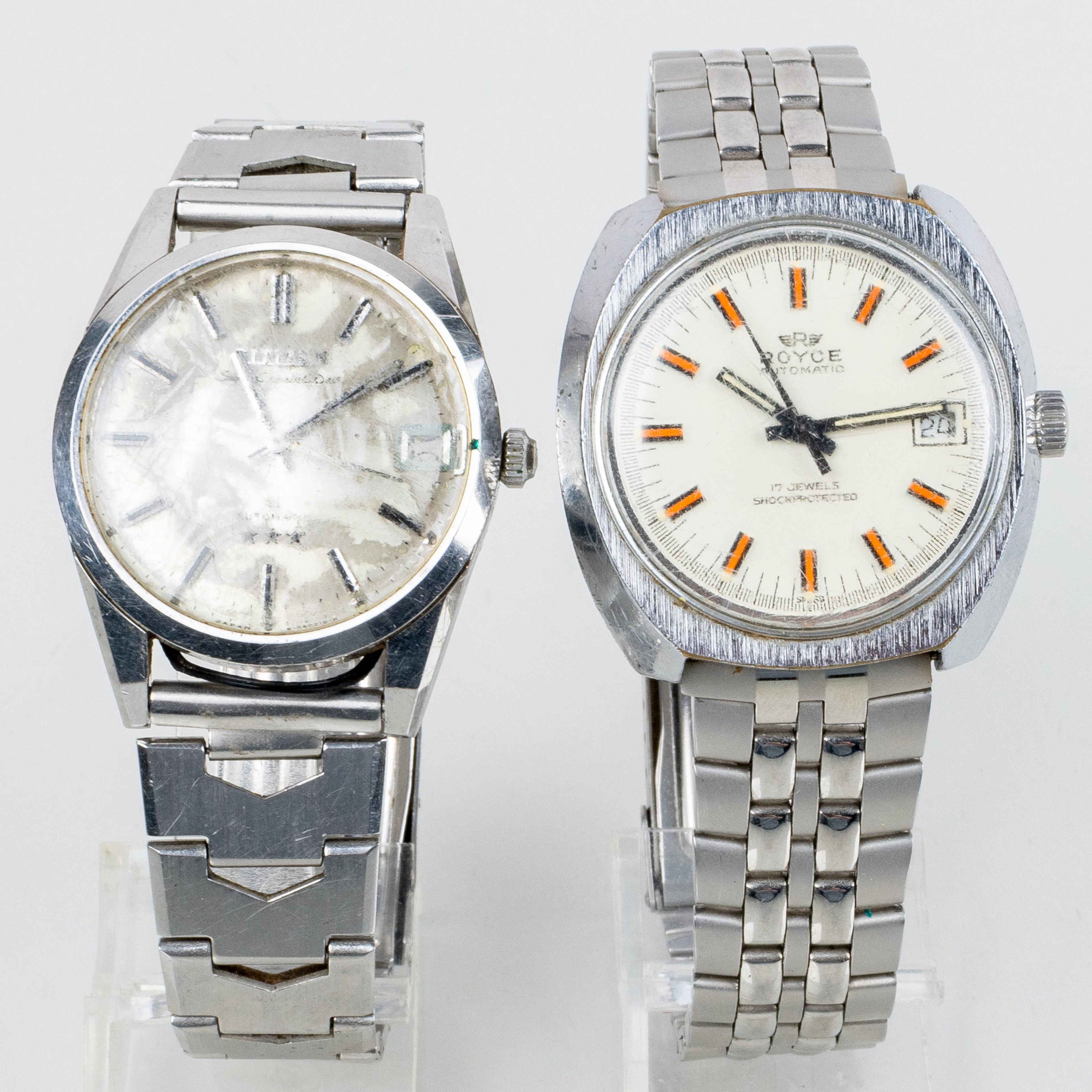 RELOJES DE PULSERA MASCULINOS, 2 piezas, Citizen y Royce, acero, segunda mitad del siglo XX
