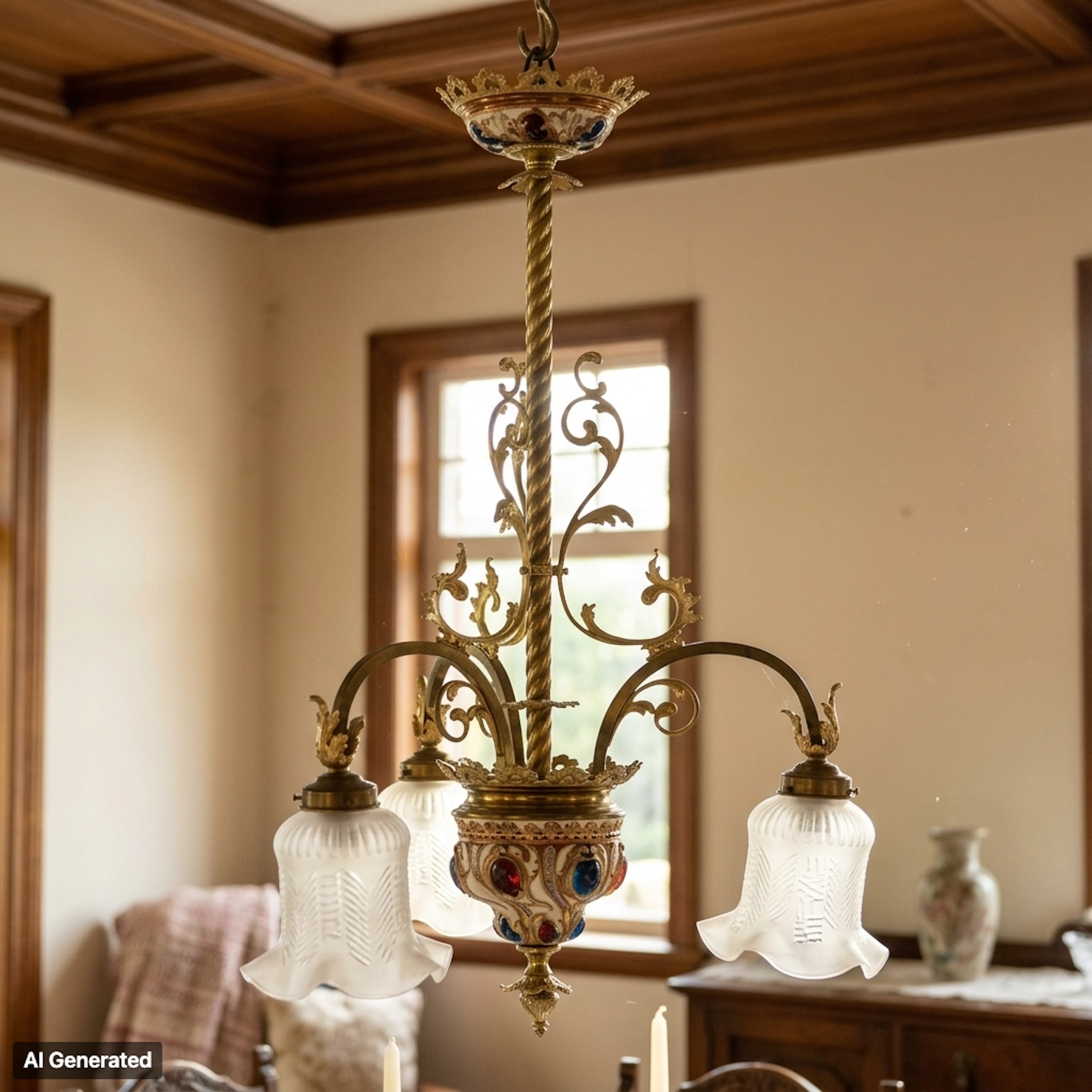 LAMPADA A SOFFITTO, ottone e majolika, la prima metà del XX secolo