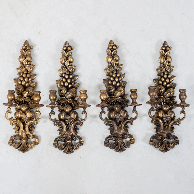 WALL SCONCES, 4 pcs, bronzed wood, 1900s