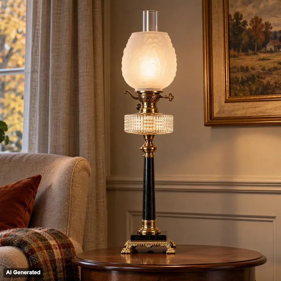 TABLE KEROSENE lamp, marble and brass, early 1900s