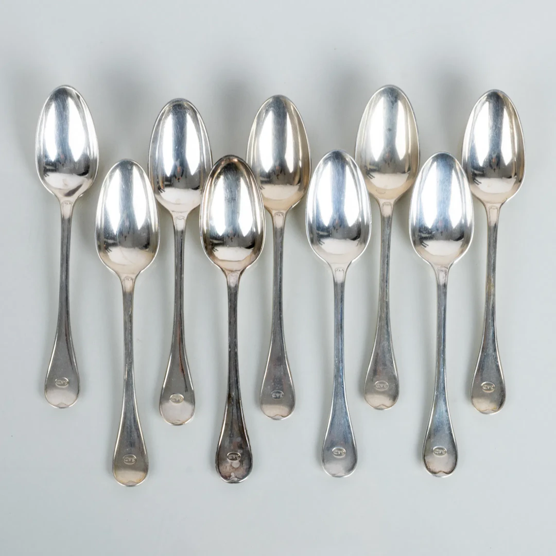 TABLE SPOONS, 9 pcs, silver, Swedish stamps AA, Stockholm blue 1876