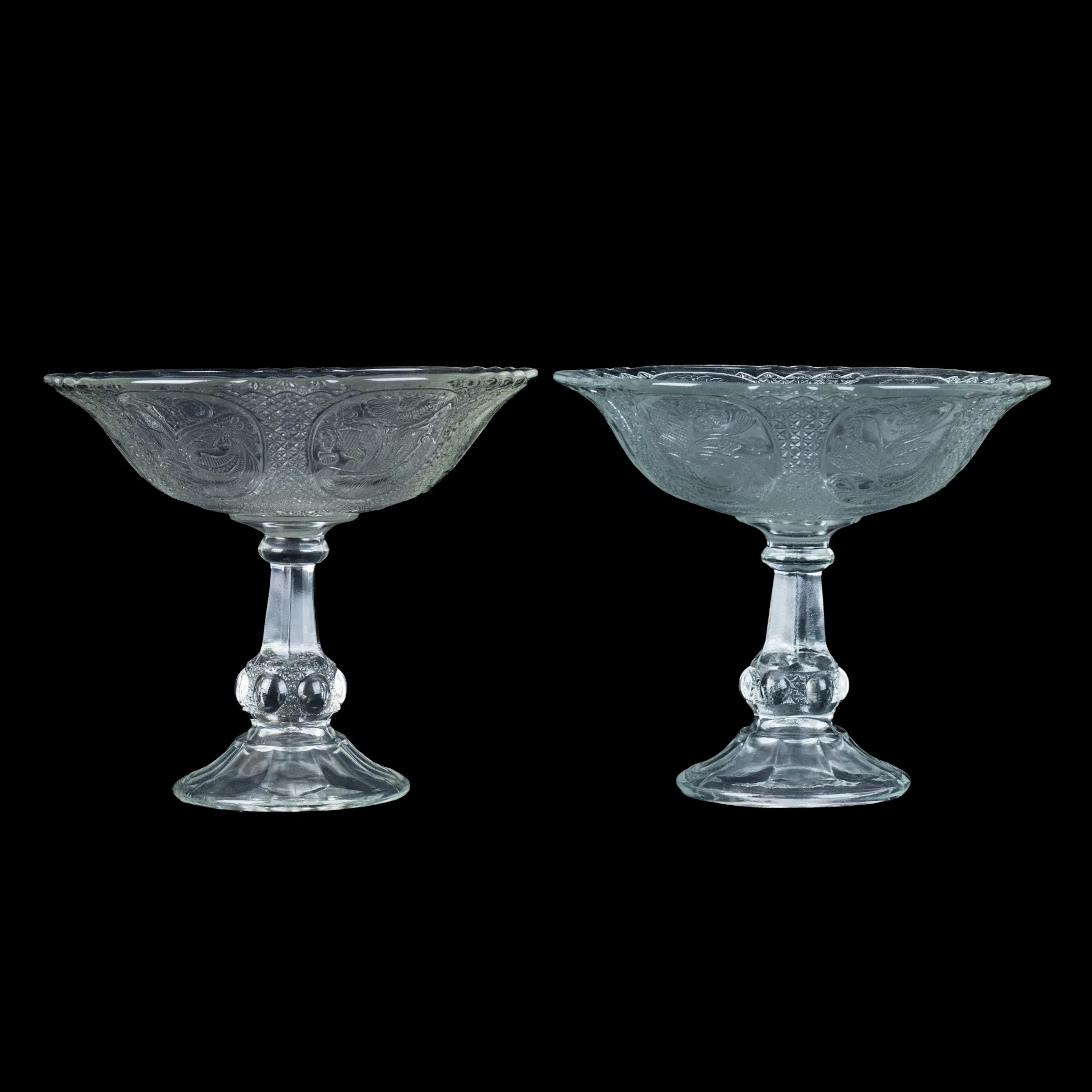 BOWLS ON FOOT, 1 pair, pressed glass, mid-1900s
