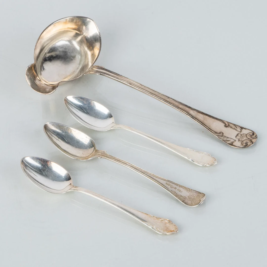 CUBIERTOS, 4 piezas, plata, siglo XX
