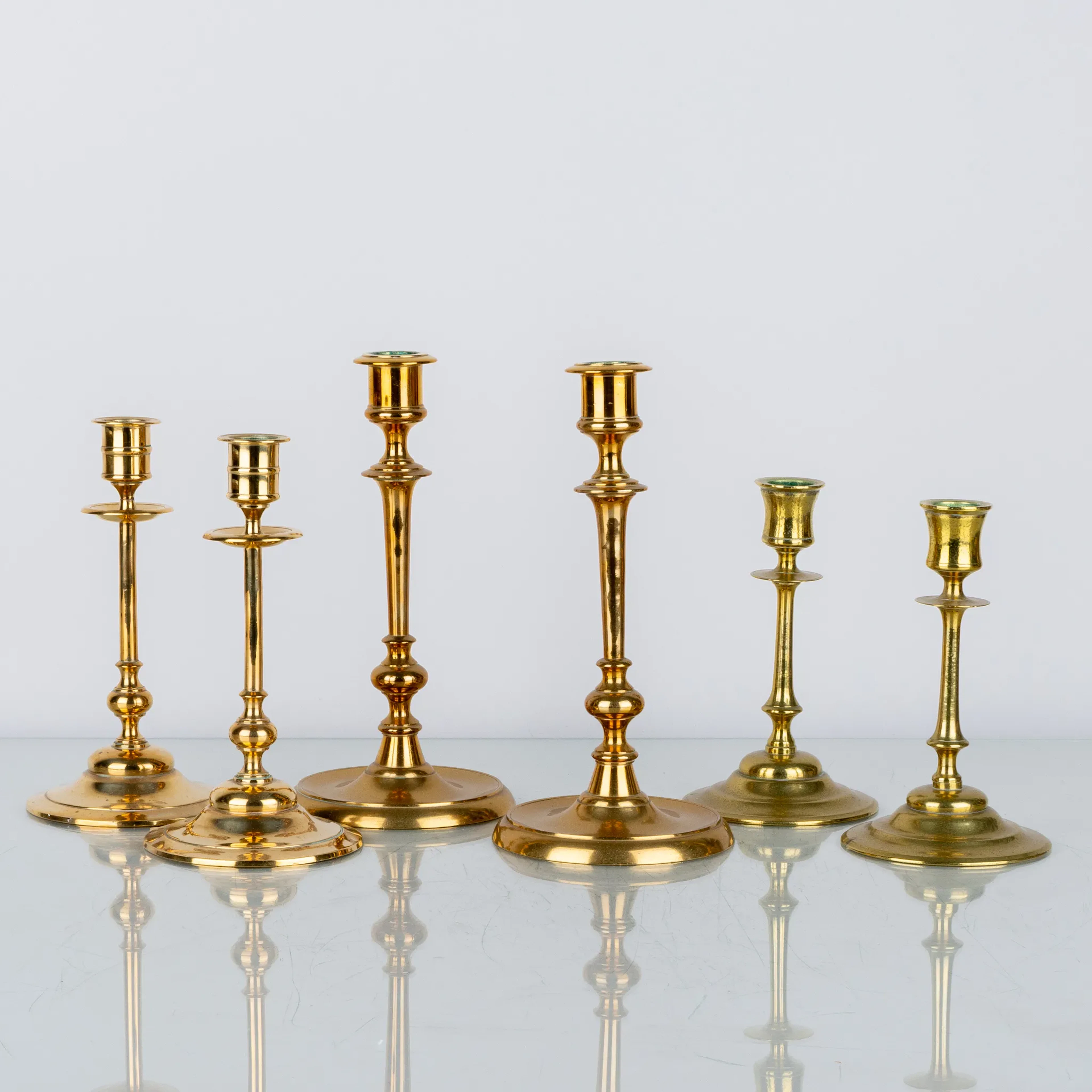 CANDELABROS, 3 pares, latón, nº 46, 51 y 52, Gusums Bruk