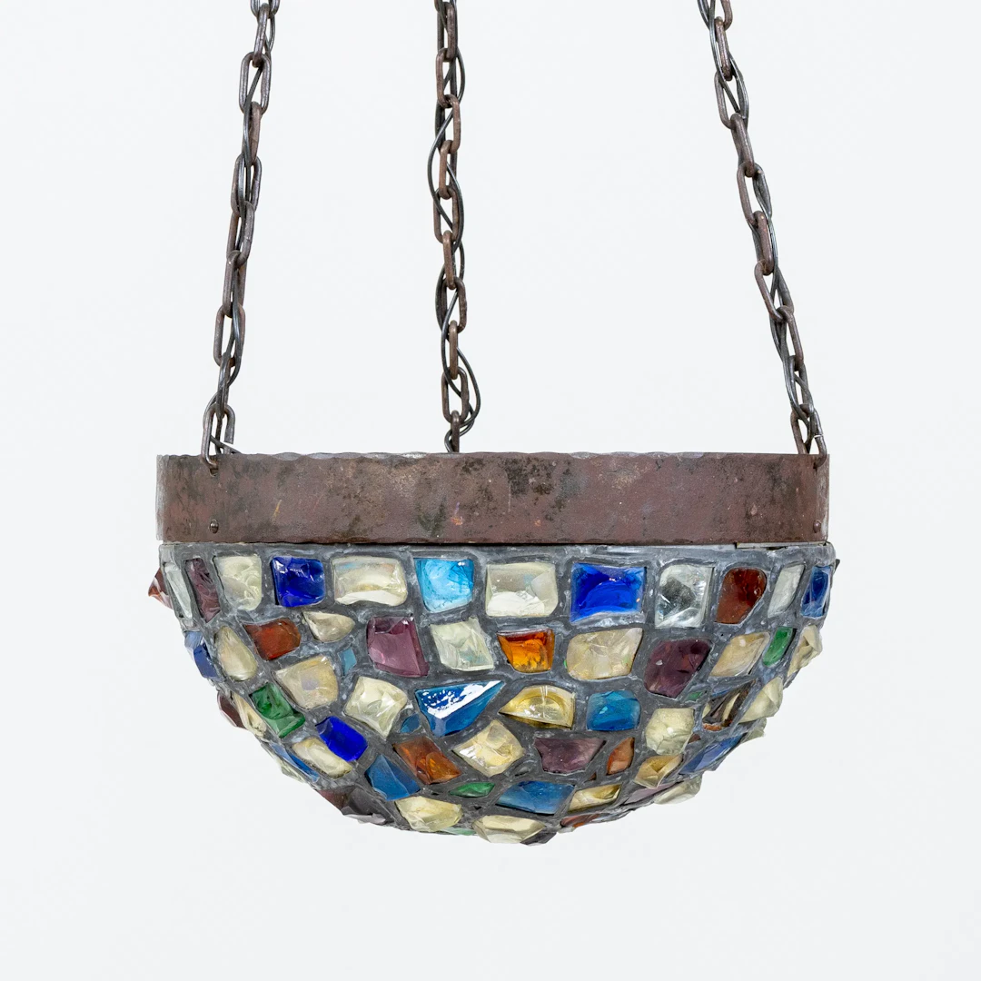 LÁMPARA DE TECHO, vidrio y metal, Art Nouveau, principios del siglo XX
