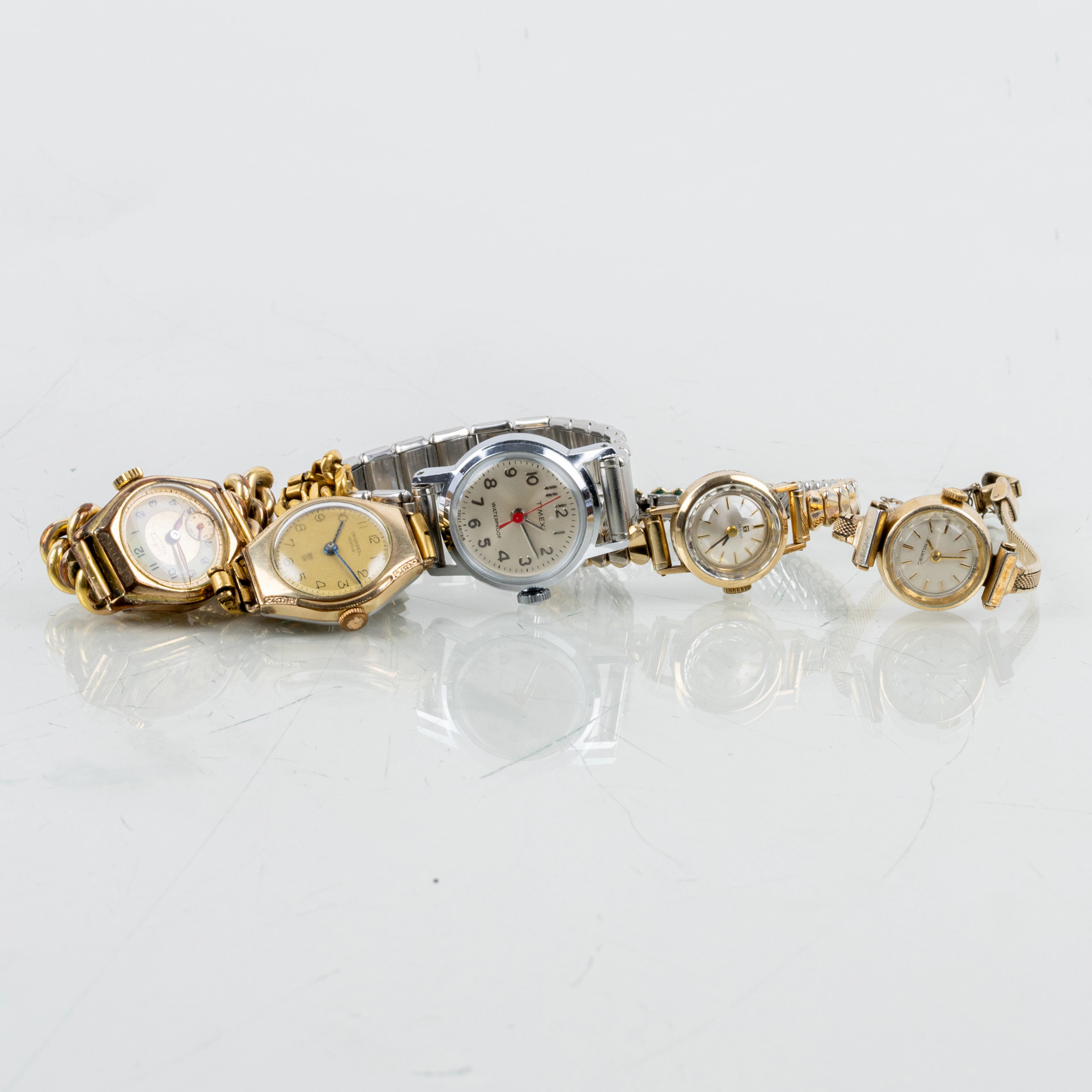 RELOJES de PULSERA, 5 piezas, metal amarillo y blanco, incluyendo Timex, Perfecta, Certina