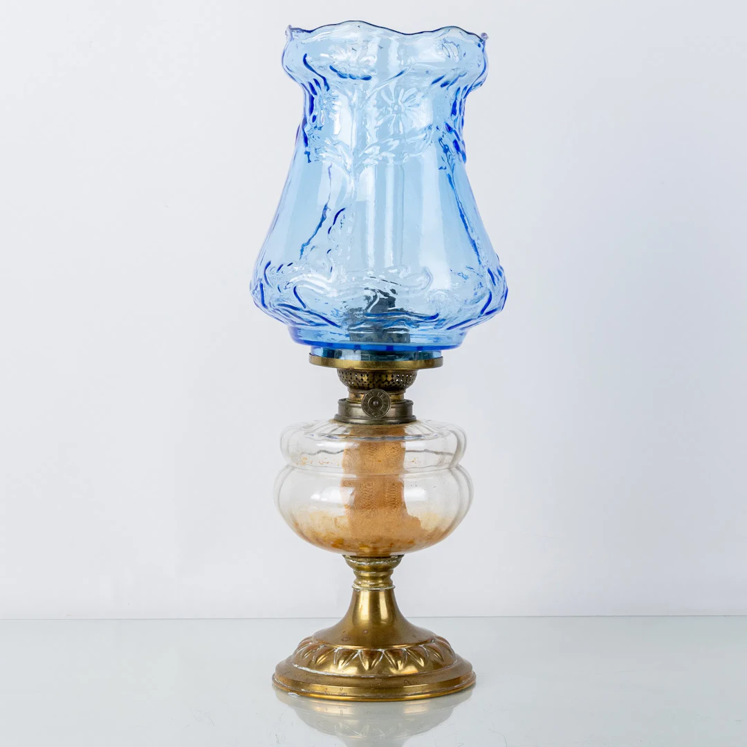 TABLE KEROSENE lamp, brass and glass, 1800s