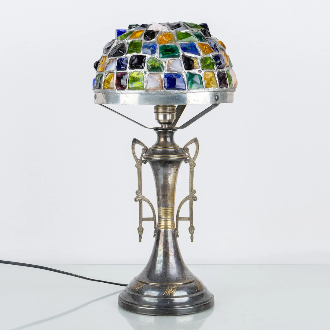 TABLE LAMP, nickel silver and glass, circa 1900