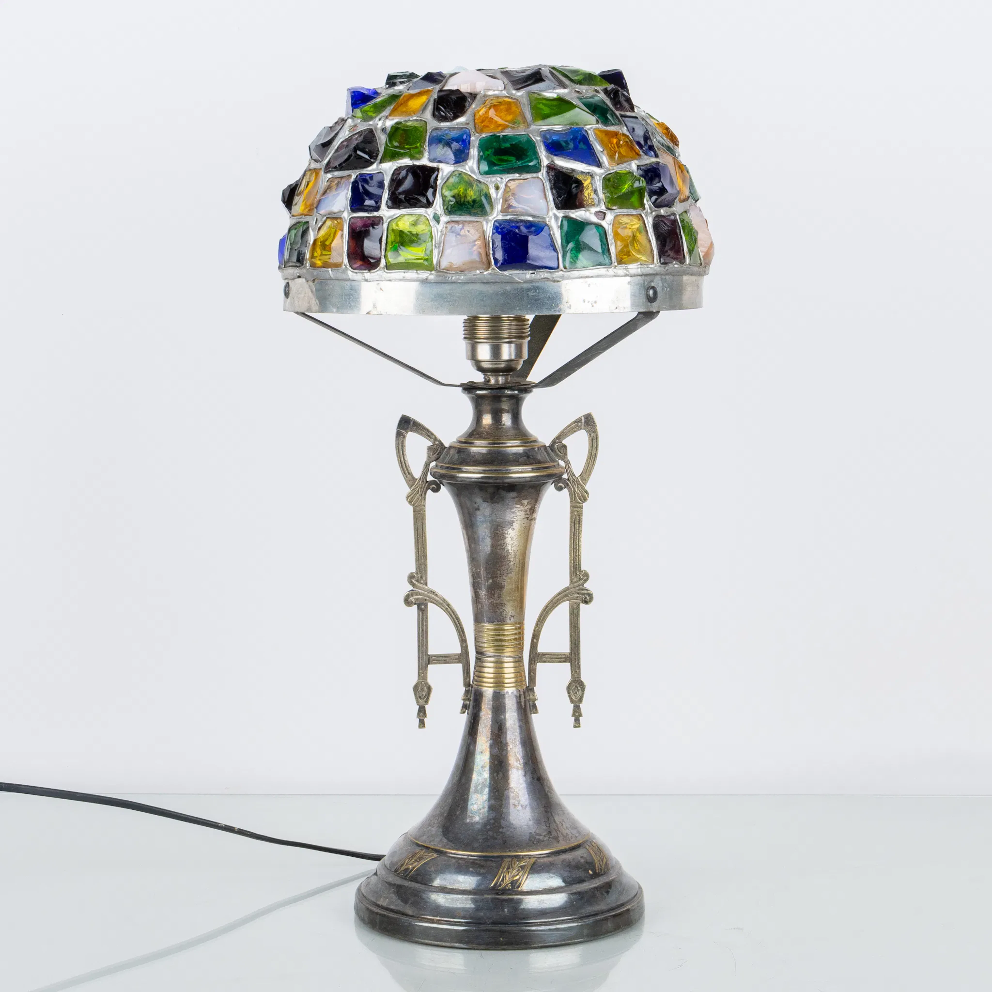 TABLE LAMP, nickel silver and glass, circa 1900
