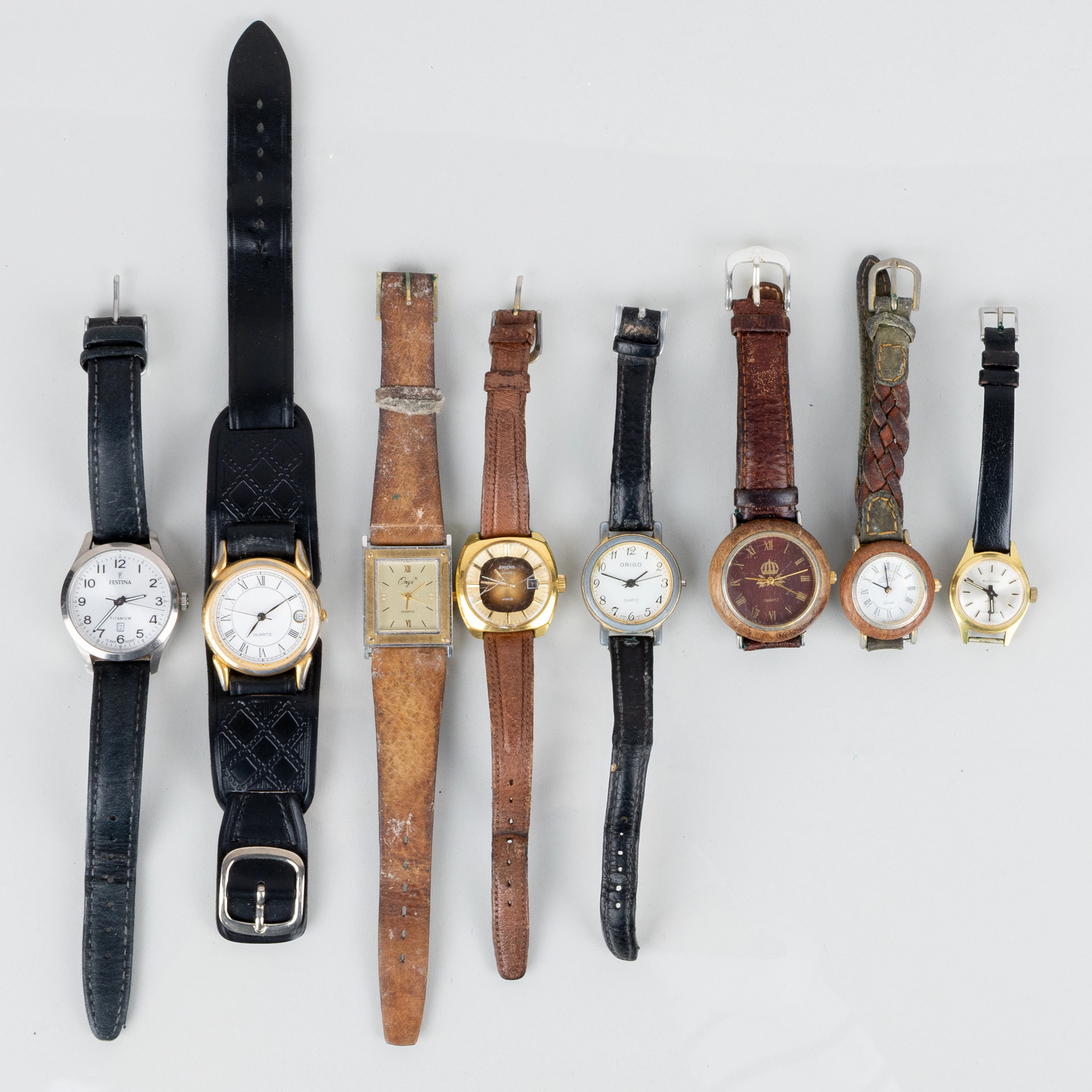COLECCIÓN DE RELOJES DE PULSERA, 8 piezas, diferentes materiales, incluyendo Festina, Origo, Ónix, 1900
