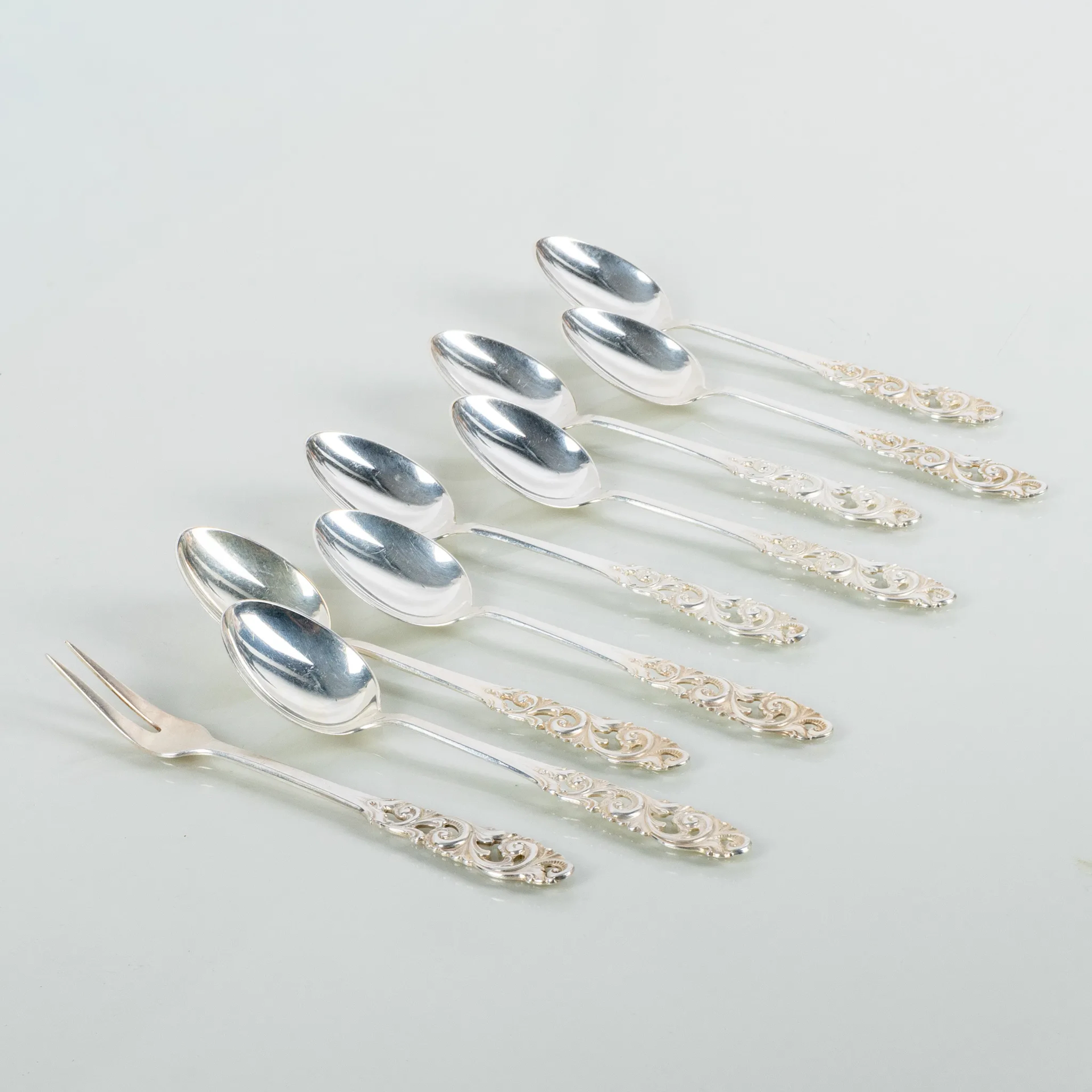 FORCHETTA DA PICKING E CUCCHIAI DA CAFFÈ, 8 pezzi, argento, 1900